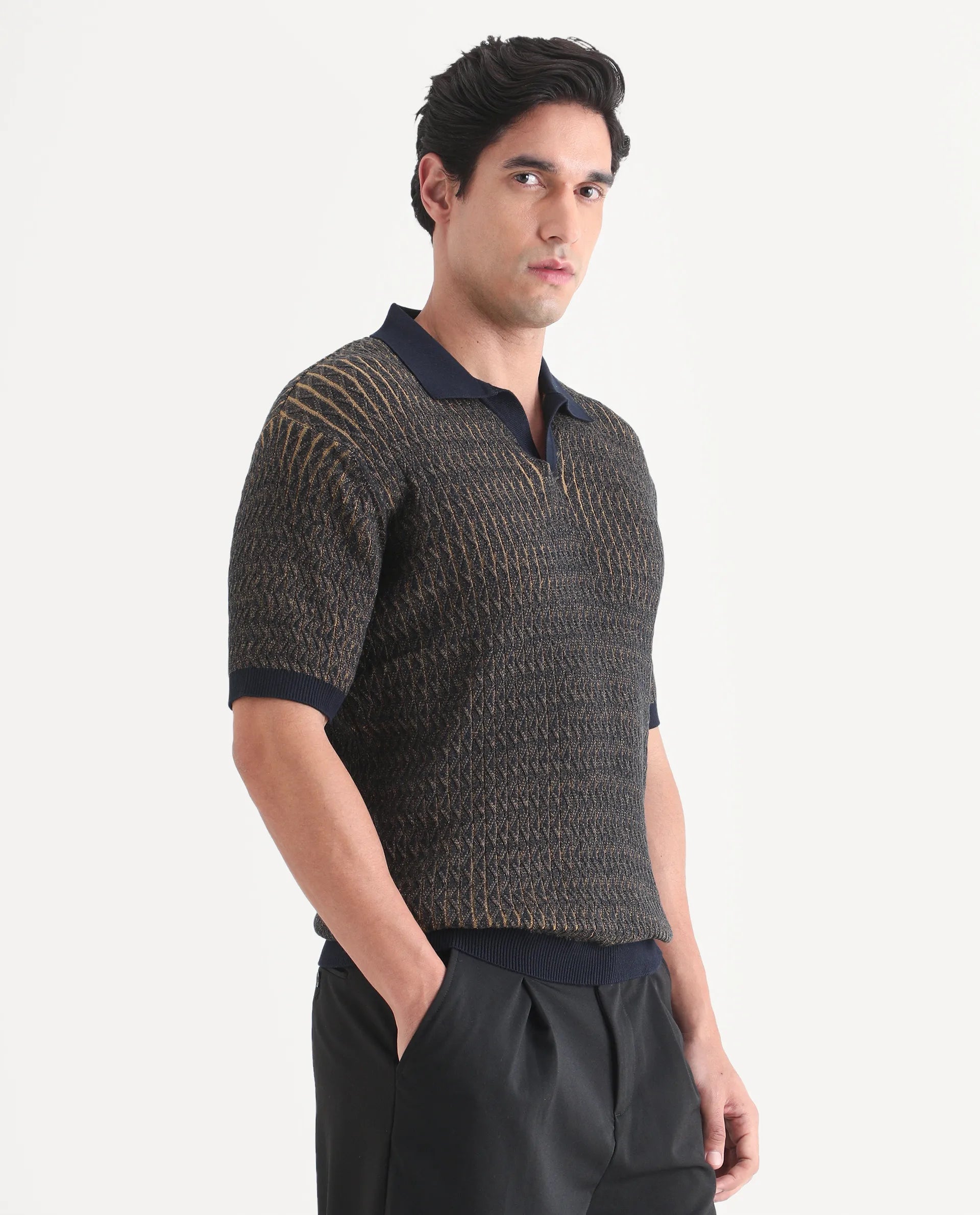 Rare Rabbit Men's Dot Navy Cotton Fabric Half Sleeve Regular Fit Textured Polo