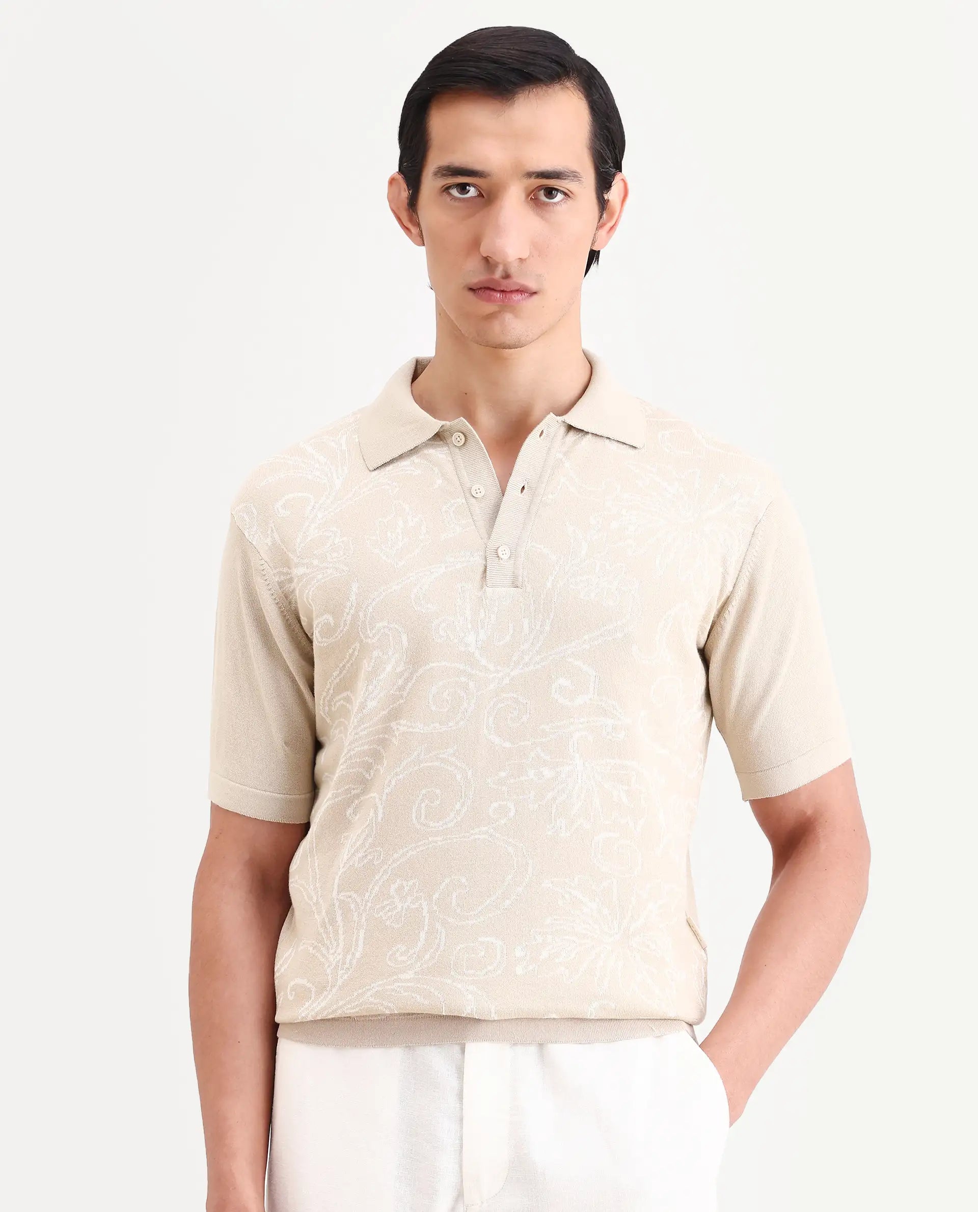 Rare Rabbit Men's Par Beige Cotton Fabric Full Sleeve Regular Fit Floral Print Polo