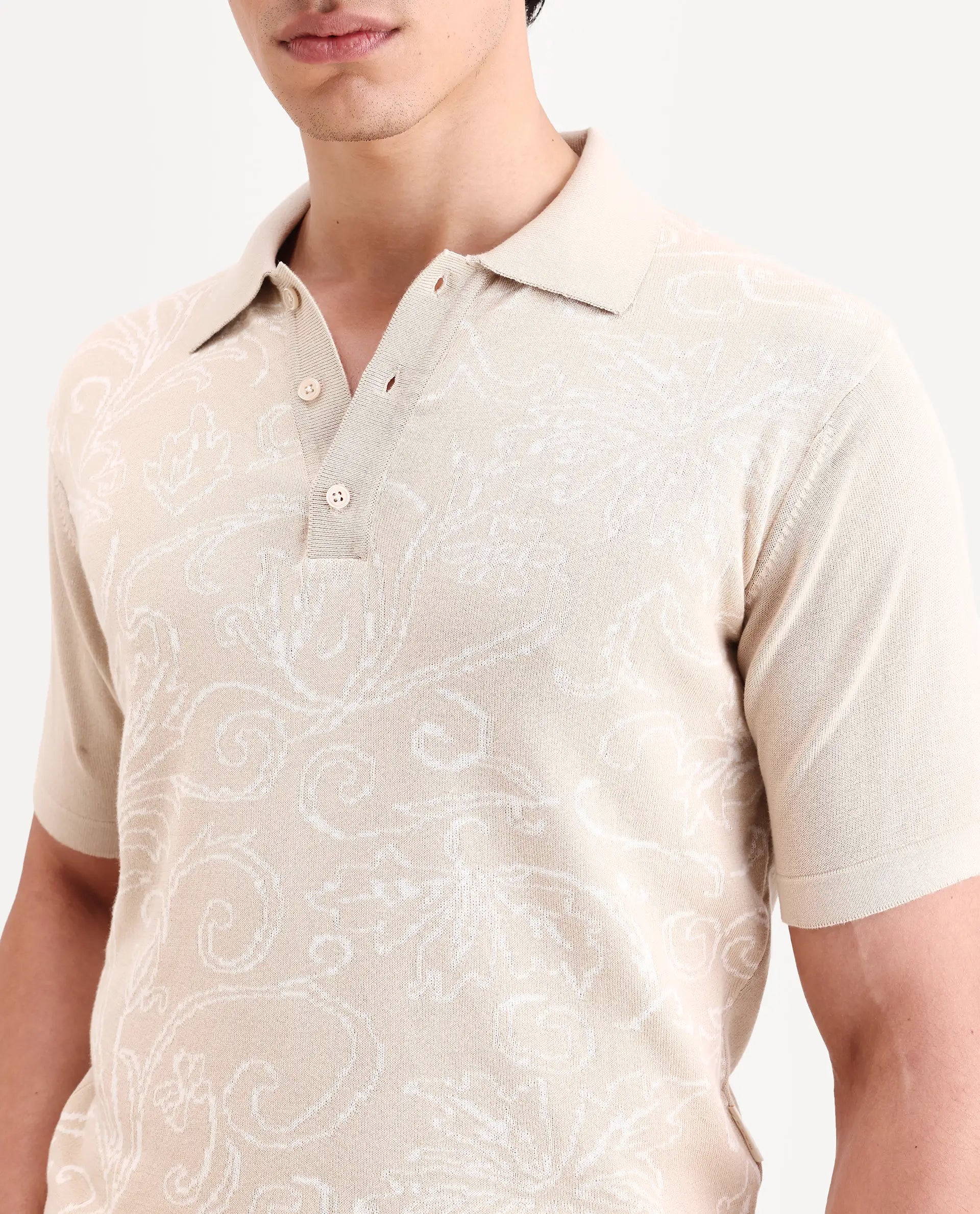 Rare Rabbit Men's Par Beige Cotton Fabric Full Sleeve Regular Fit Floral Print Polo