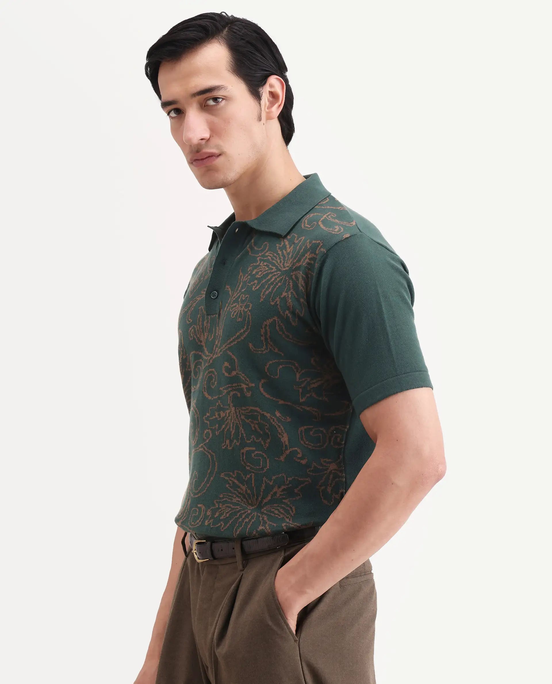 Rare Rabbit Men's Par Dark Green Cotton Fabric Full Sleeve Regular Fit Floral Print Polo