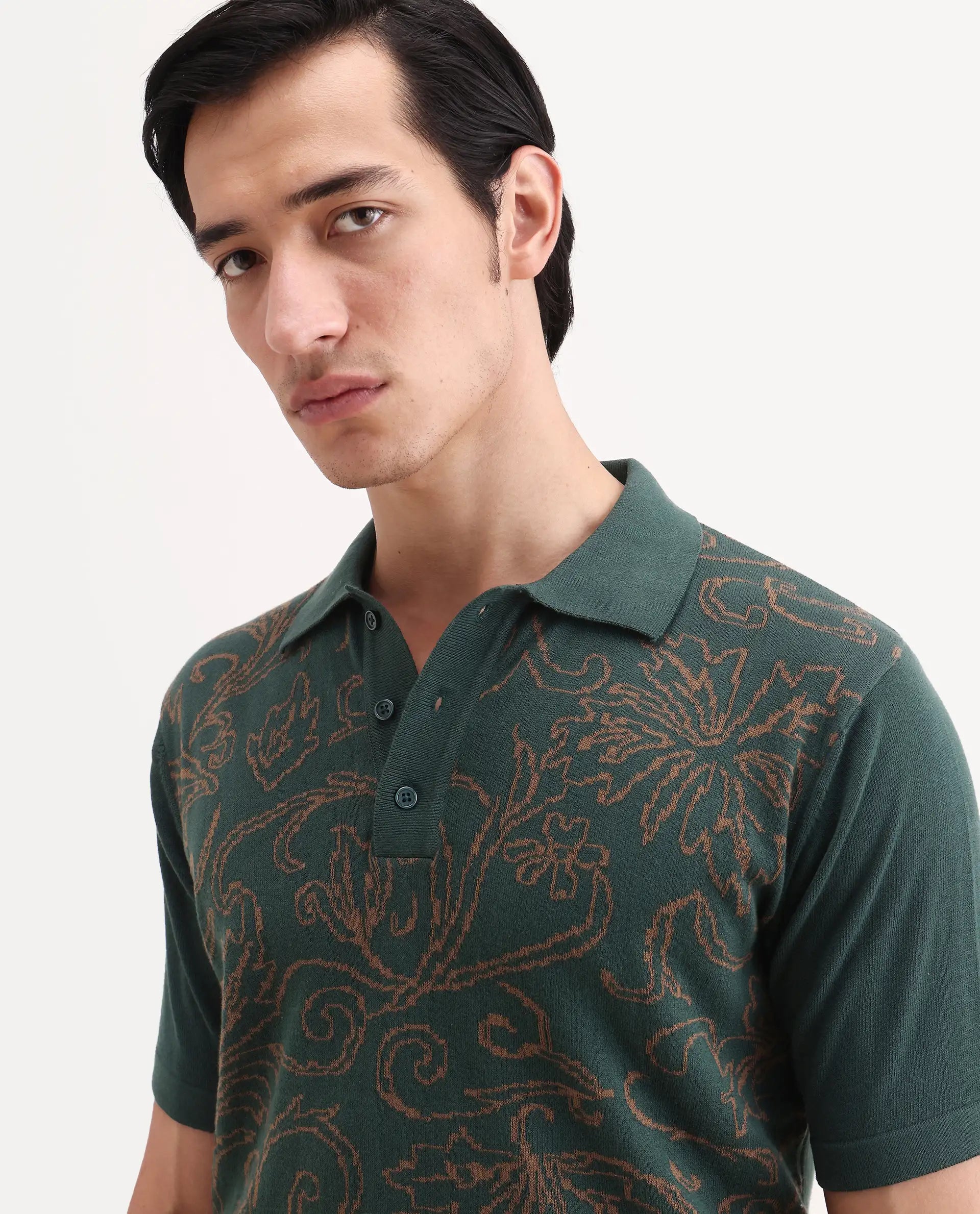 Rare Rabbit Men's Par Dark Green Cotton Fabric Full Sleeve Regular Fit Floral Print Polo