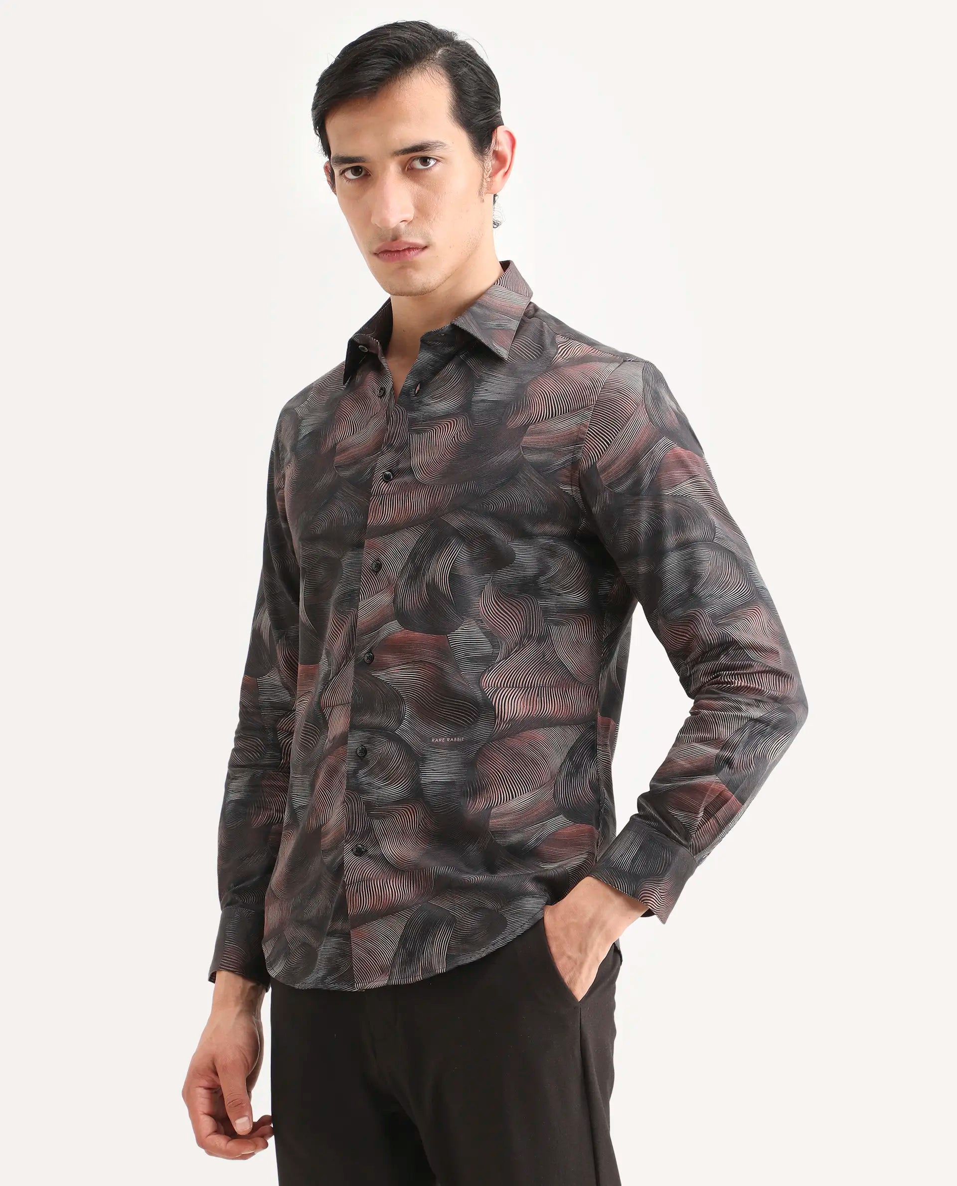 Rare Rabbit Men's Tuan Ls Brown Cotton Fabric Full Sleeve Spread Collar Regular Fit Abstract Print Shirt