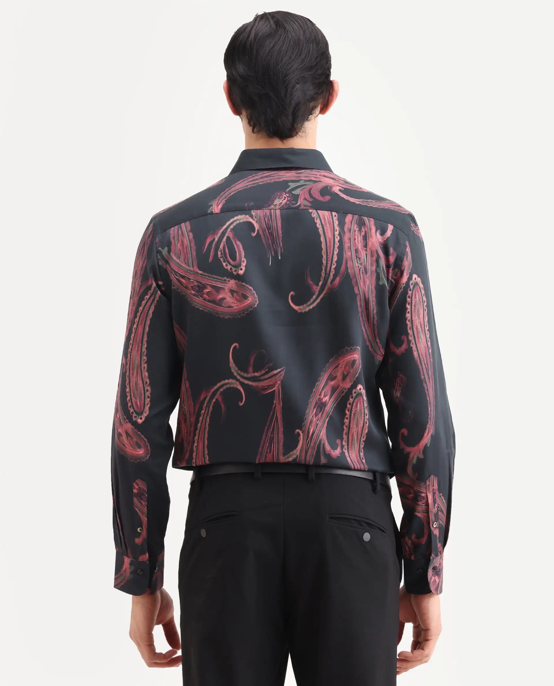 Rare Rabbit Men's Elvo Black Cotton Blend Fabric Full Sleeve Spread Collar Regular Fit Paisley Print Shirt