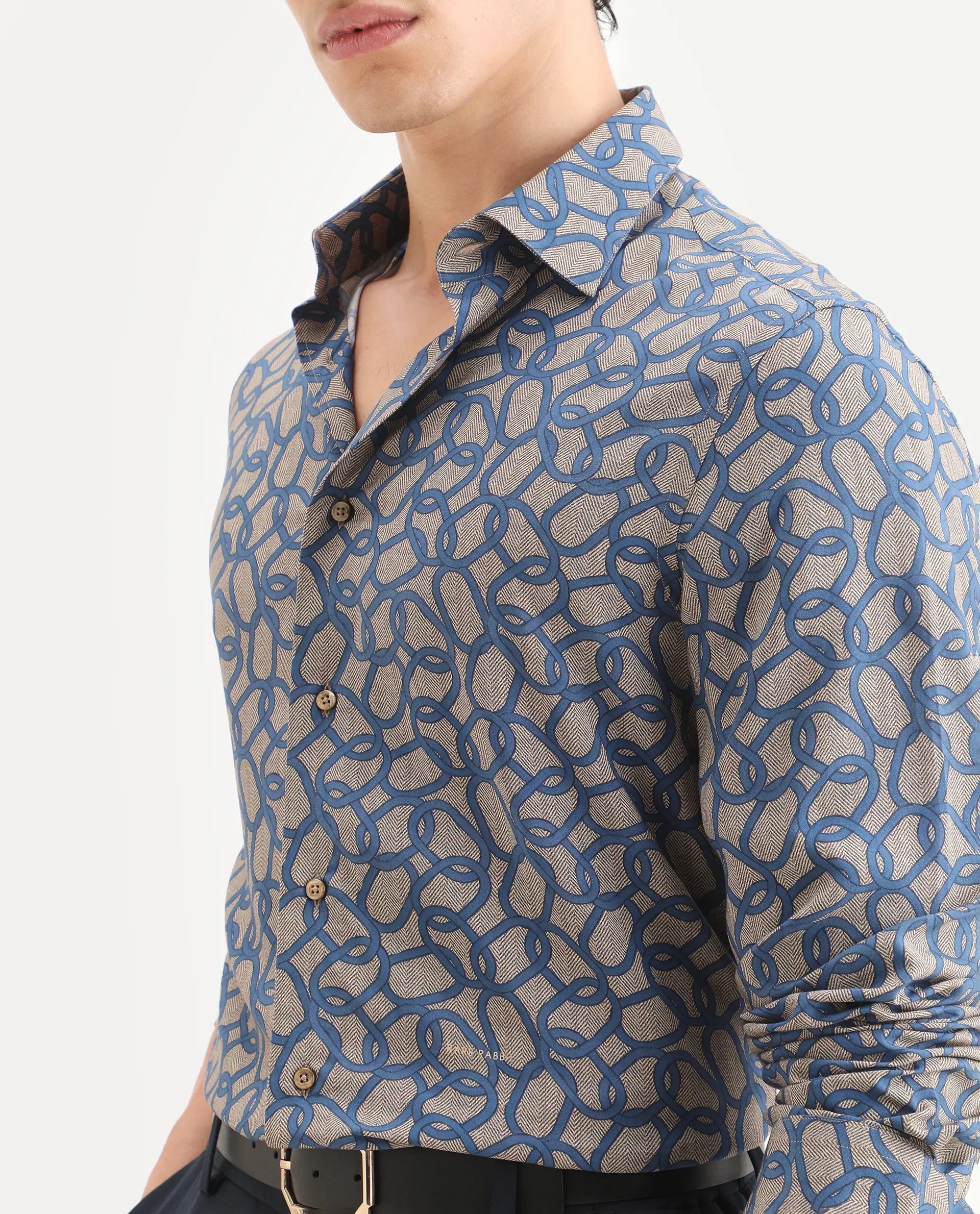 Rare Rabbit Men's Ivek Dusky Beige Viscose Fabric Full Sleeve Spread Collar Regular Fit Geometric Print Shirt