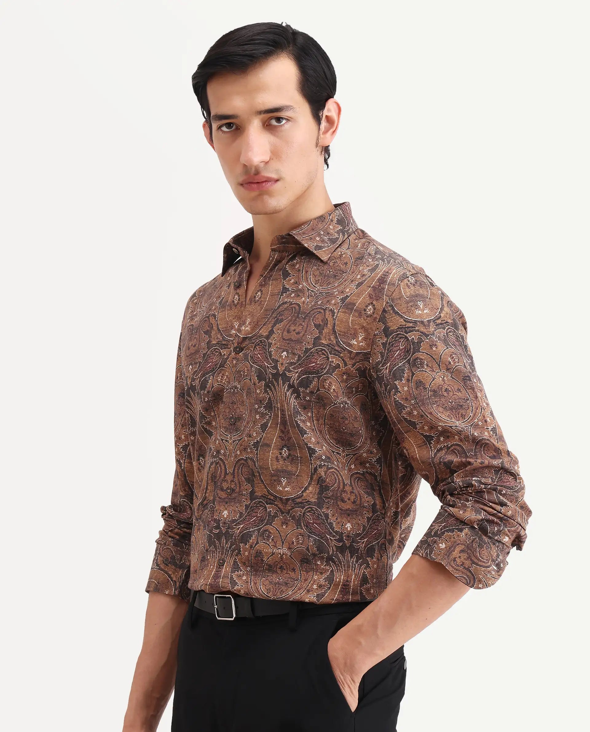 Rare Rabbit Men's Zoie Dusky Mustard Viscose Fabric Full Sleeve Spread Collar Regular Fit Paisley Print Shirt