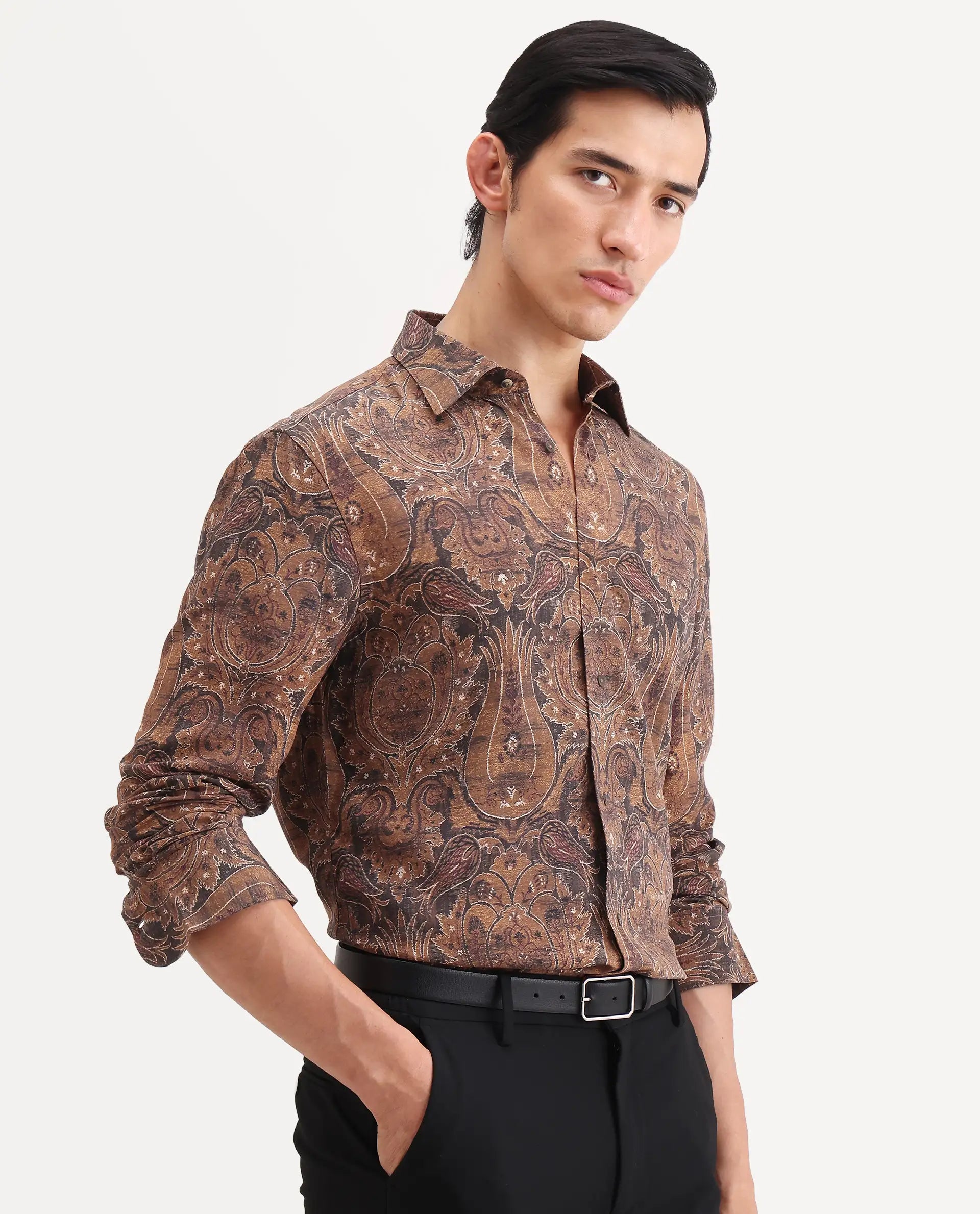 Rare Rabbit Men's Zoie Dusky Mustard Viscose Fabric Full Sleeve Spread Collar Regular Fit Paisley Print Shirt