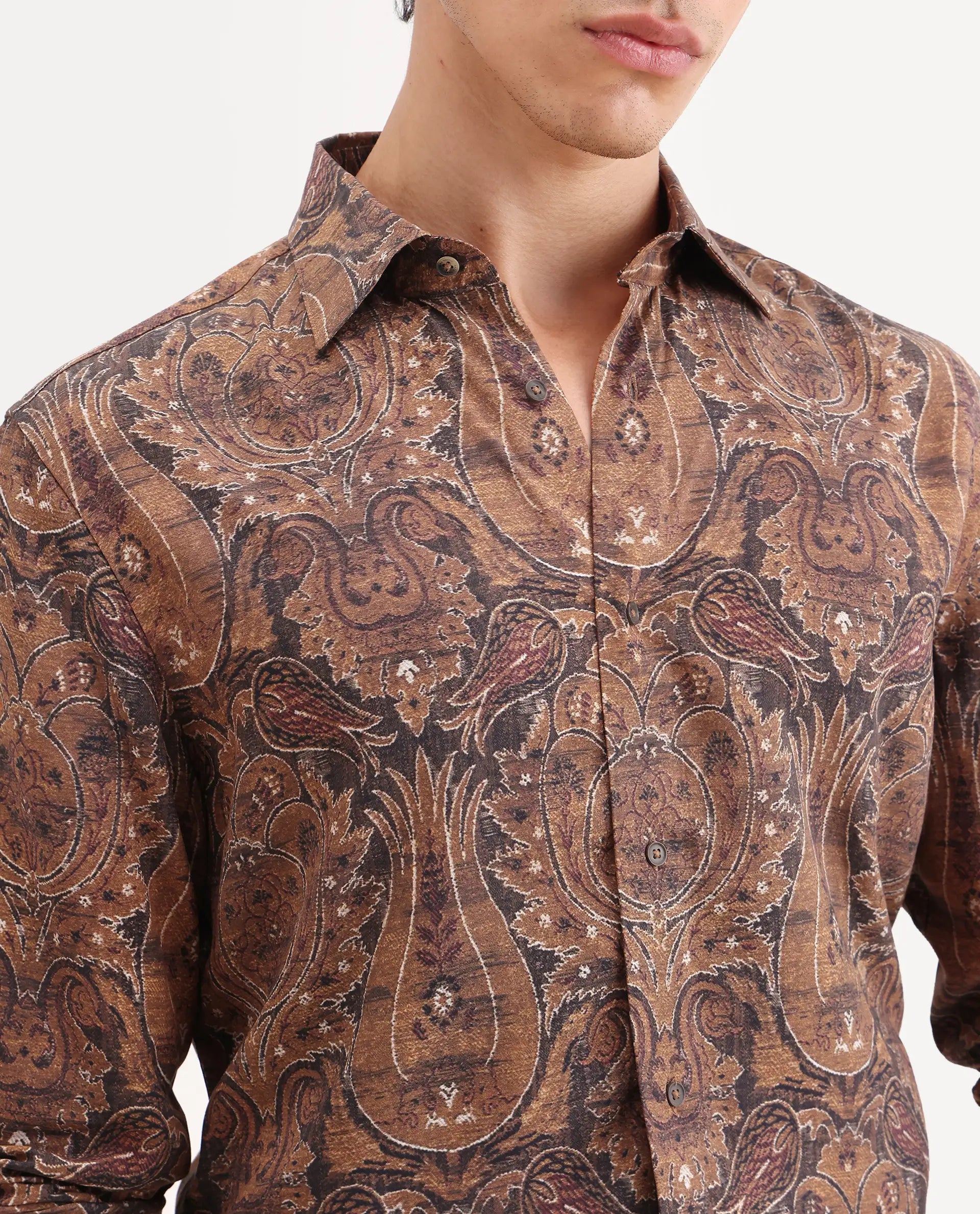Rare Rabbit Men's Zoie Dusky Mustard Viscose Fabric Full Sleeve Spread Collar Regular Fit Paisley Print Shirt