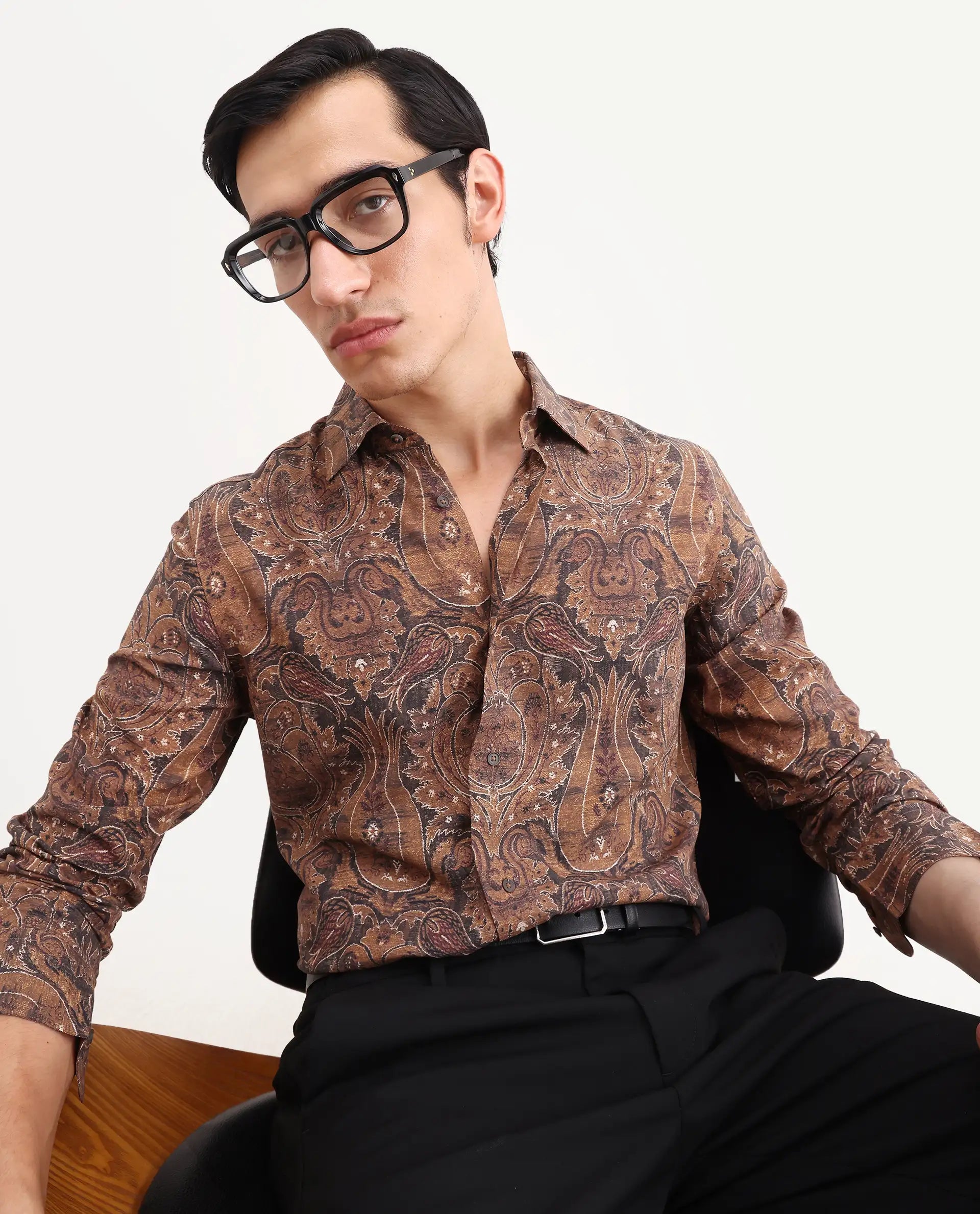 Rare Rabbit Men's Zoie Dusky Mustard Viscose Fabric Full Sleeve Spread Collar Regular Fit Paisley Print Shirt
