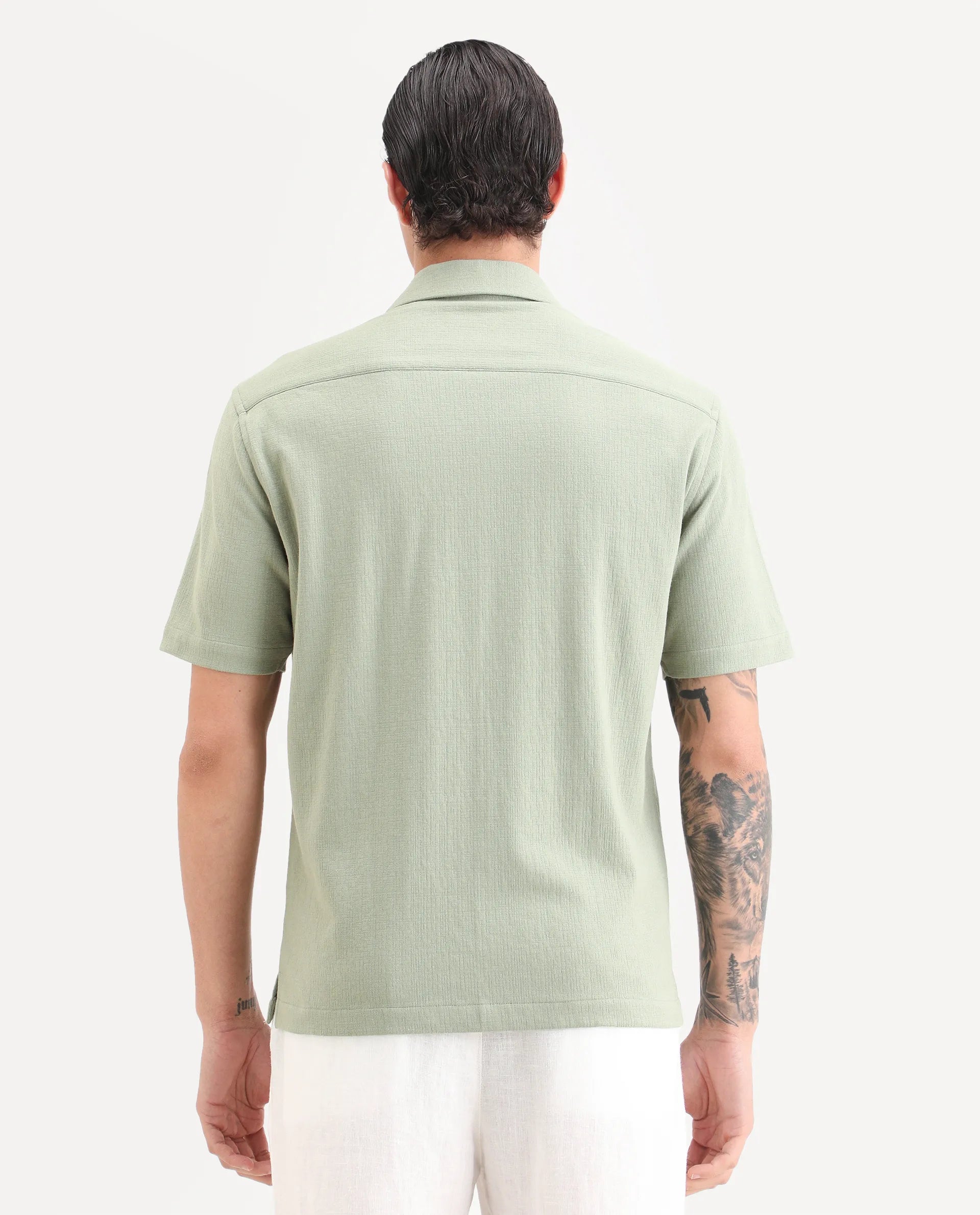 Rare Rabbit Men's Kelos-26 Light Green Cotton Blend Fabric Half Sleeve Cuban Collar Regular Fit Plain Shirt