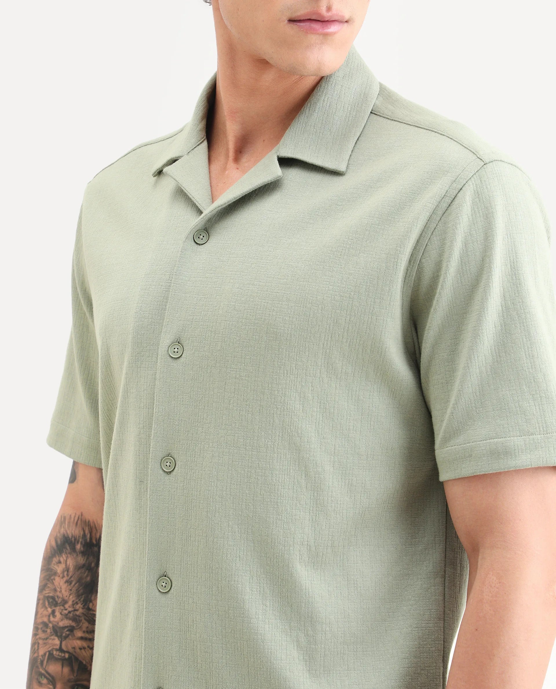 Rare Rabbit Men's Kelos-26 Light Green Cotton Blend Fabric Half Sleeve Cuban Collar Regular Fit Plain Shirt