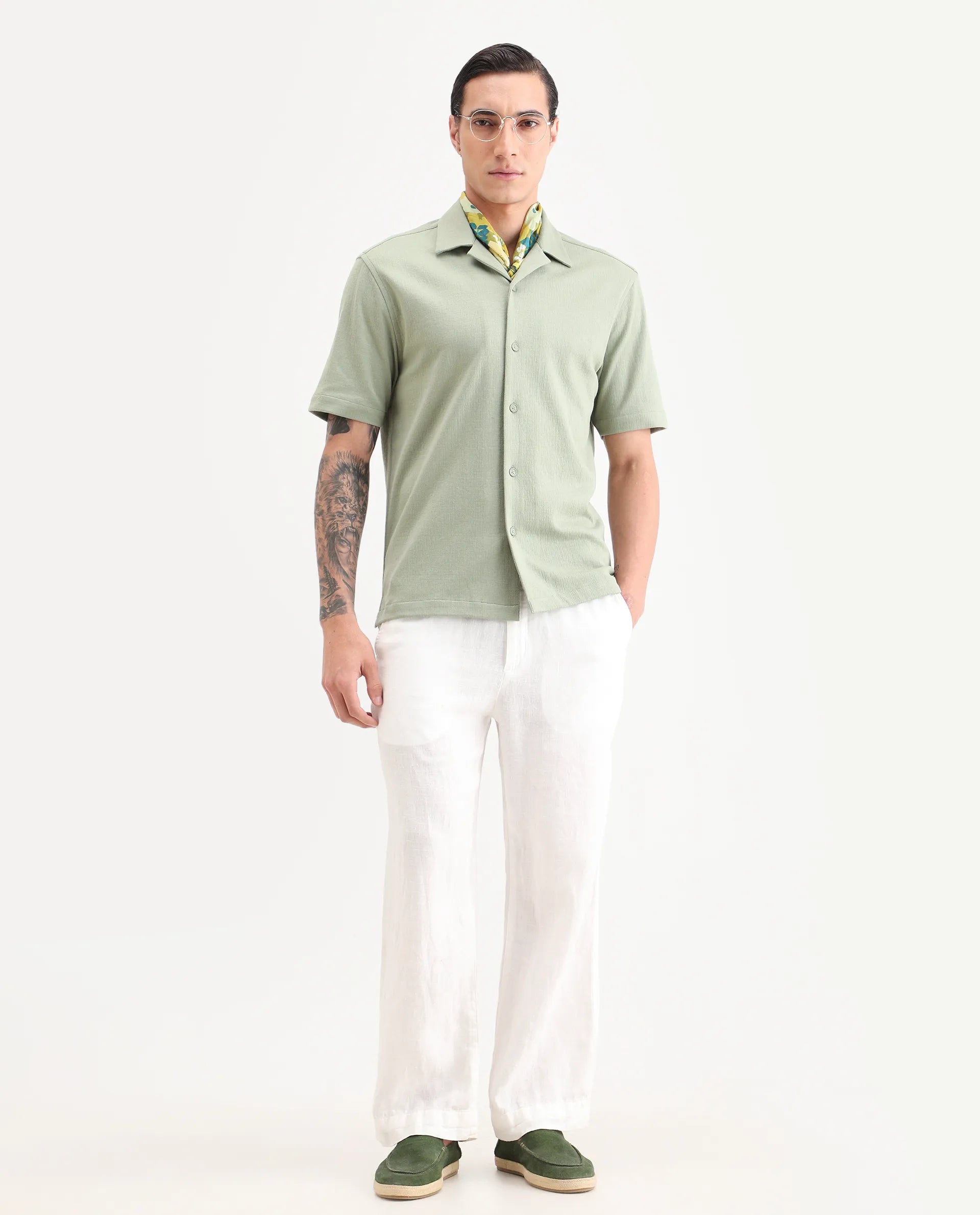 Rare Rabbit Men's Kelos-26 Light Green Cotton Blend Fabric Half Sleeve Cuban Collar Regular Fit Plain Shirt