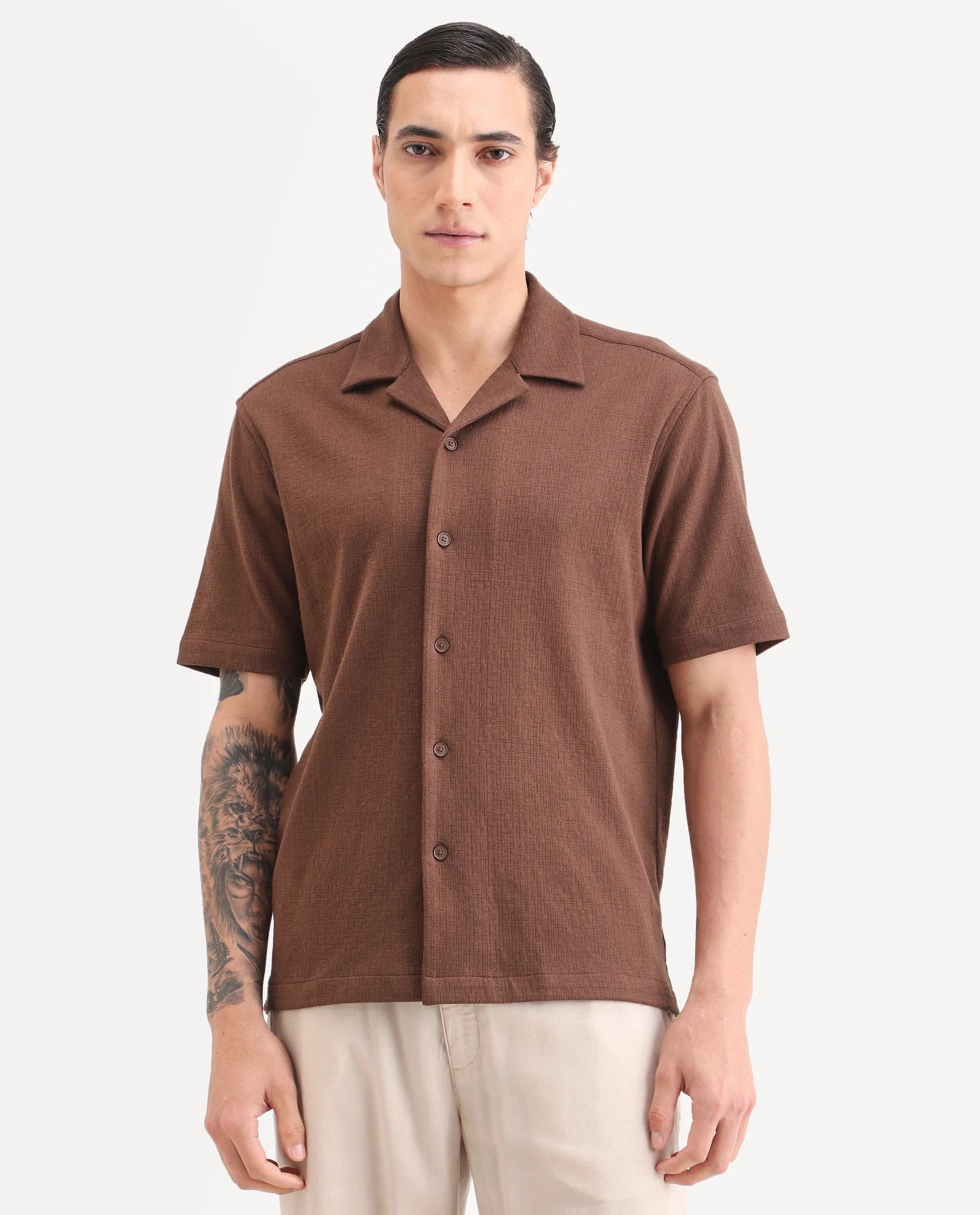 Rare Rabbit Men's Kelos-26 Brown Cotton Blend Fabric Half Sleeve Cuban Collar Regular Fit Plain Shirt