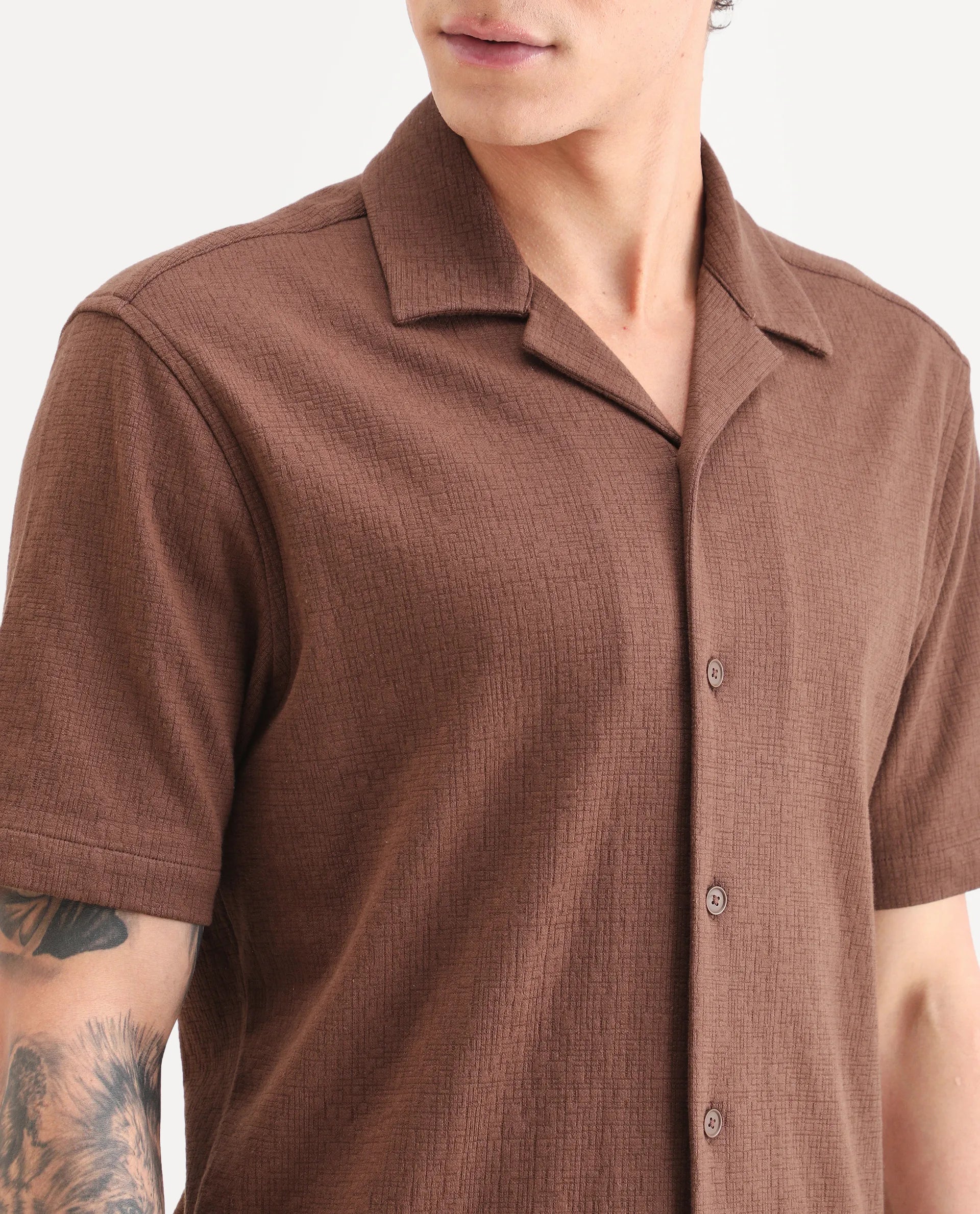 Rare Rabbit Men's Kelos-26 Brown Cotton Blend Fabric Half Sleeve Cuban Collar Regular Fit Plain Shirt