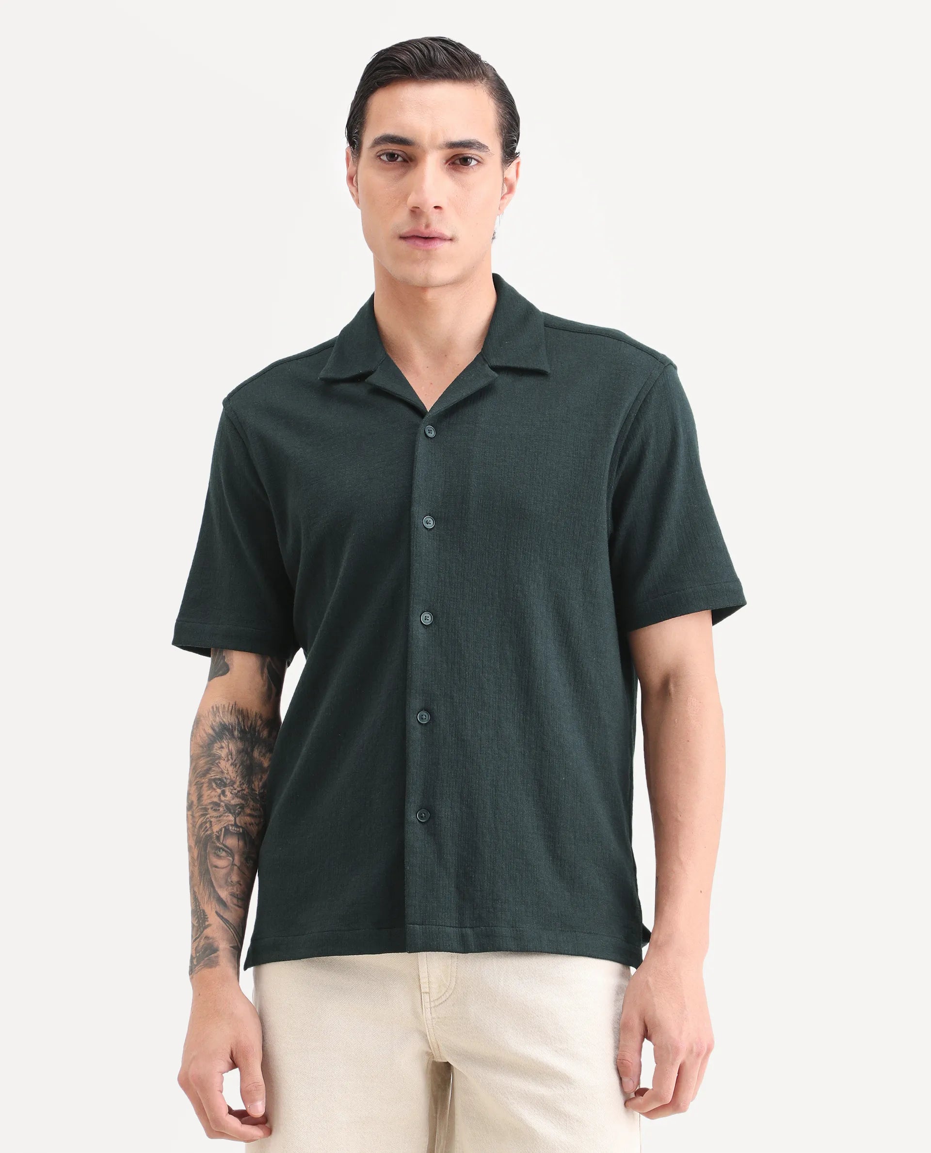 Rare Rabbit Men's Kelos-26 Dark Teal Cotton Blend Fabric Half Sleeve Cuban Collar Regular Fit Plain Shirt