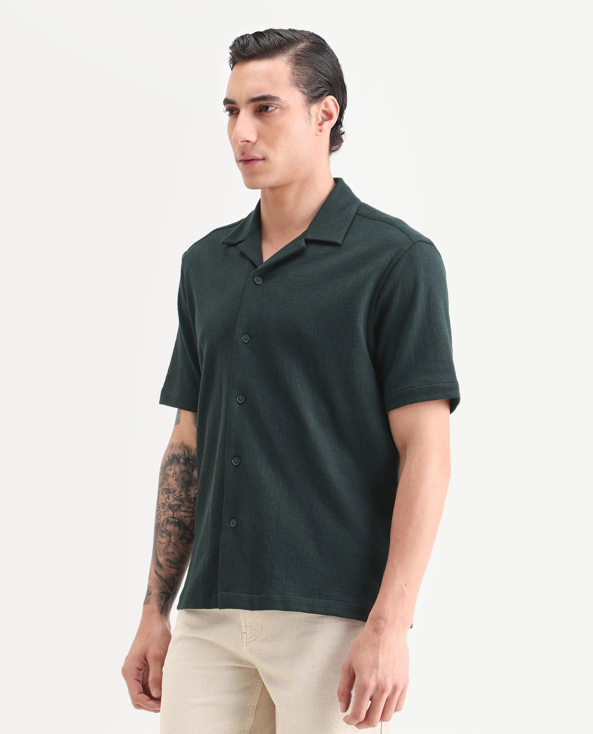 Rare Rabbit Men's Kelos-26 Dark Teal Cotton Blend Fabric Half Sleeve Cuban Collar Regular Fit Plain Shirt