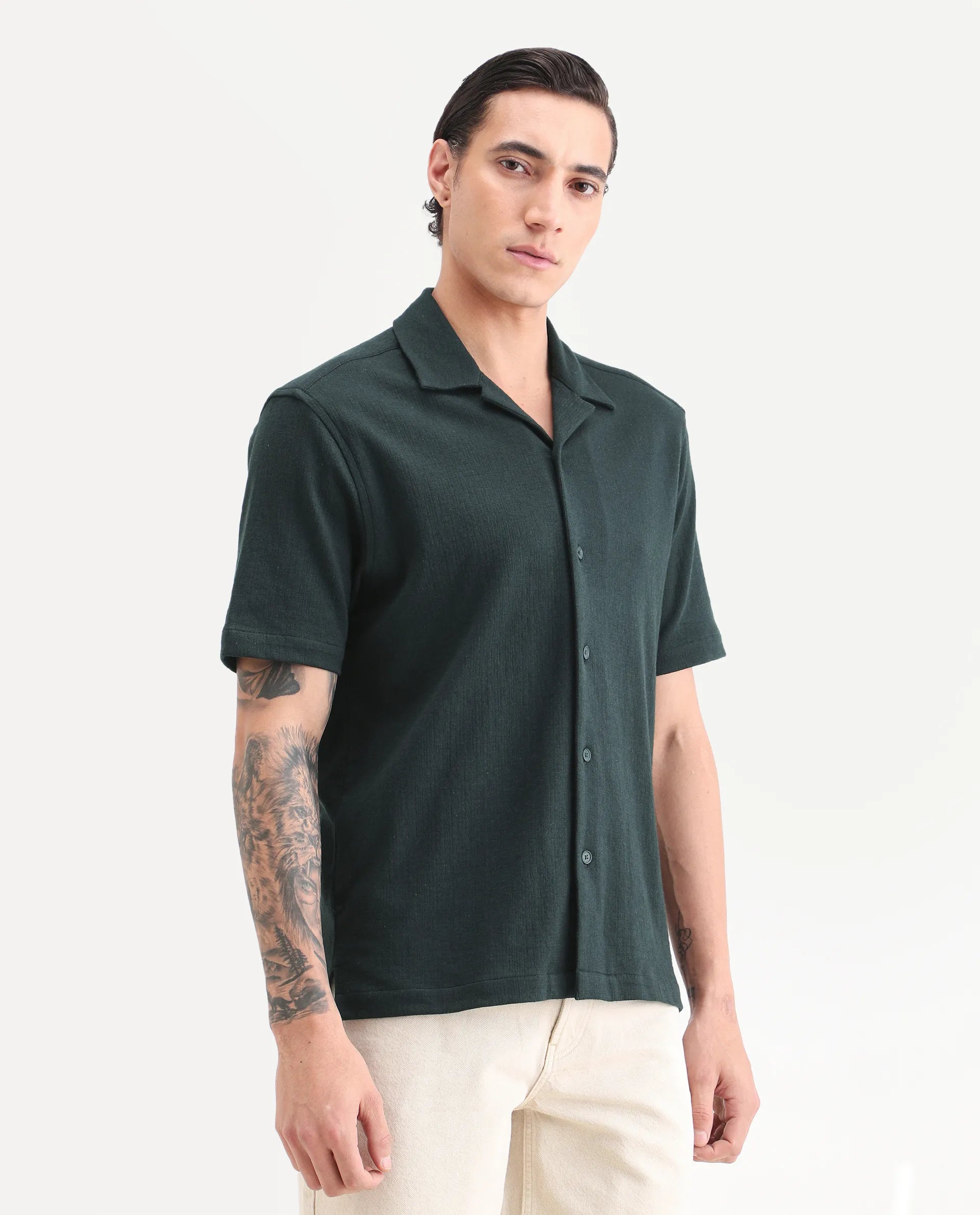 Rare Rabbit Men's Kelos-26 Dark Teal Cotton Blend Fabric Half Sleeve Cuban Collar Regular Fit Plain Shirt