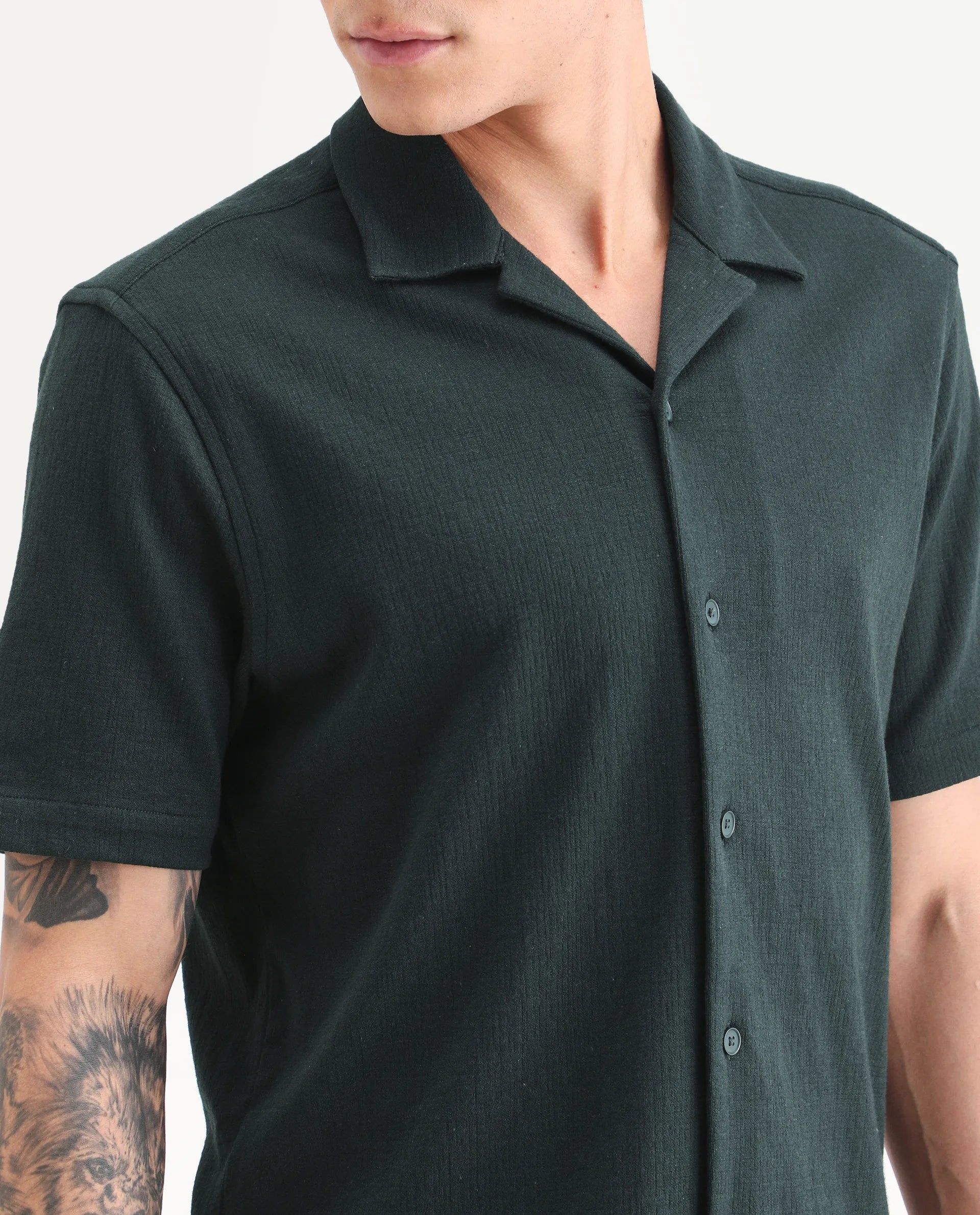 Rare Rabbit Men's Kelos-26 Dark Teal Cotton Blend Fabric Half Sleeve Cuban Collar Regular Fit Plain Shirt
