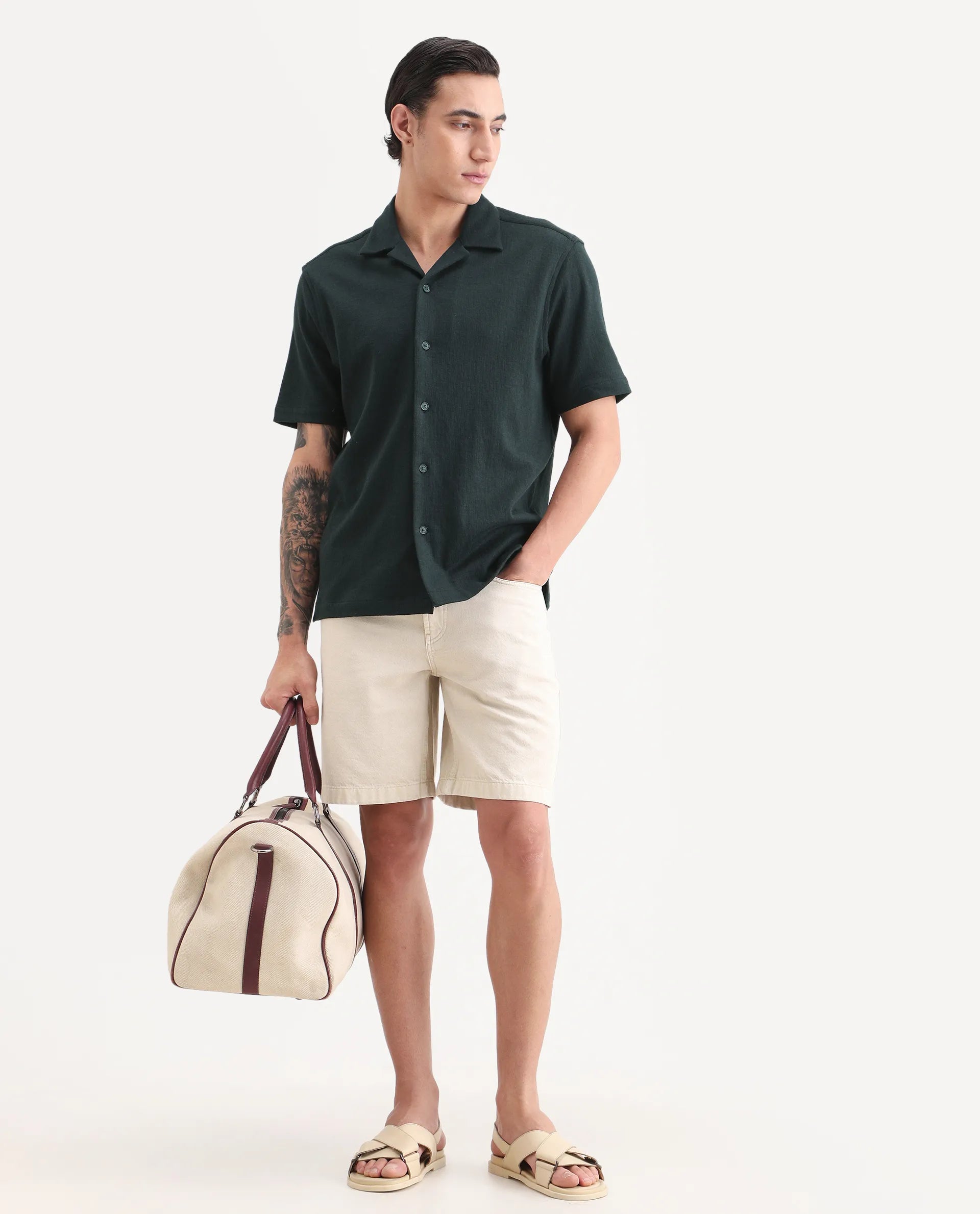 Rare Rabbit Men's Kelos-26 Dark Teal Cotton Blend Fabric Half Sleeve Cuban Collar Regular Fit Plain Shirt