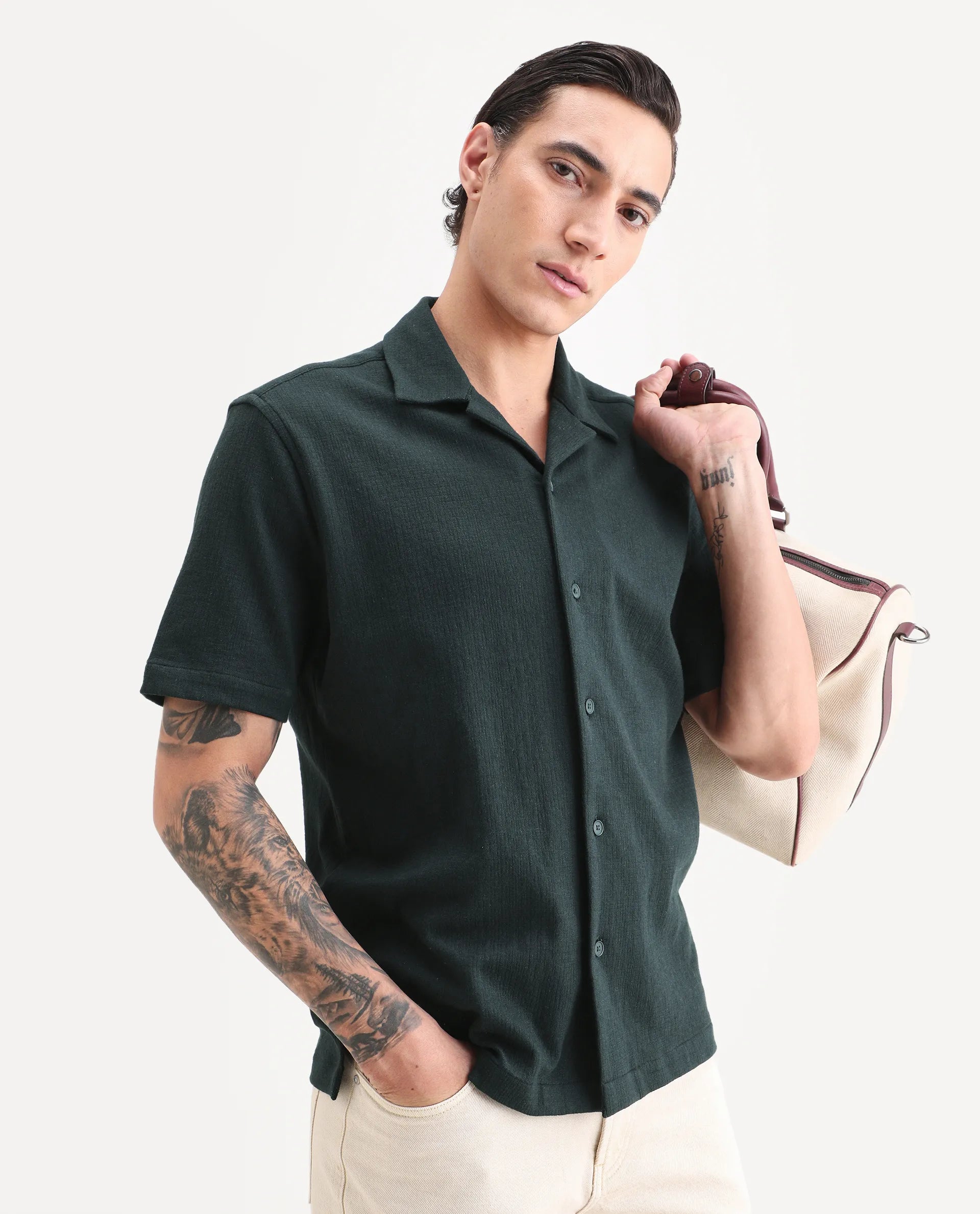 Rare Rabbit Men's Kelos-26 Dark Teal Cotton Blend Fabric Half Sleeve Cuban Collar Regular Fit Plain Shirt