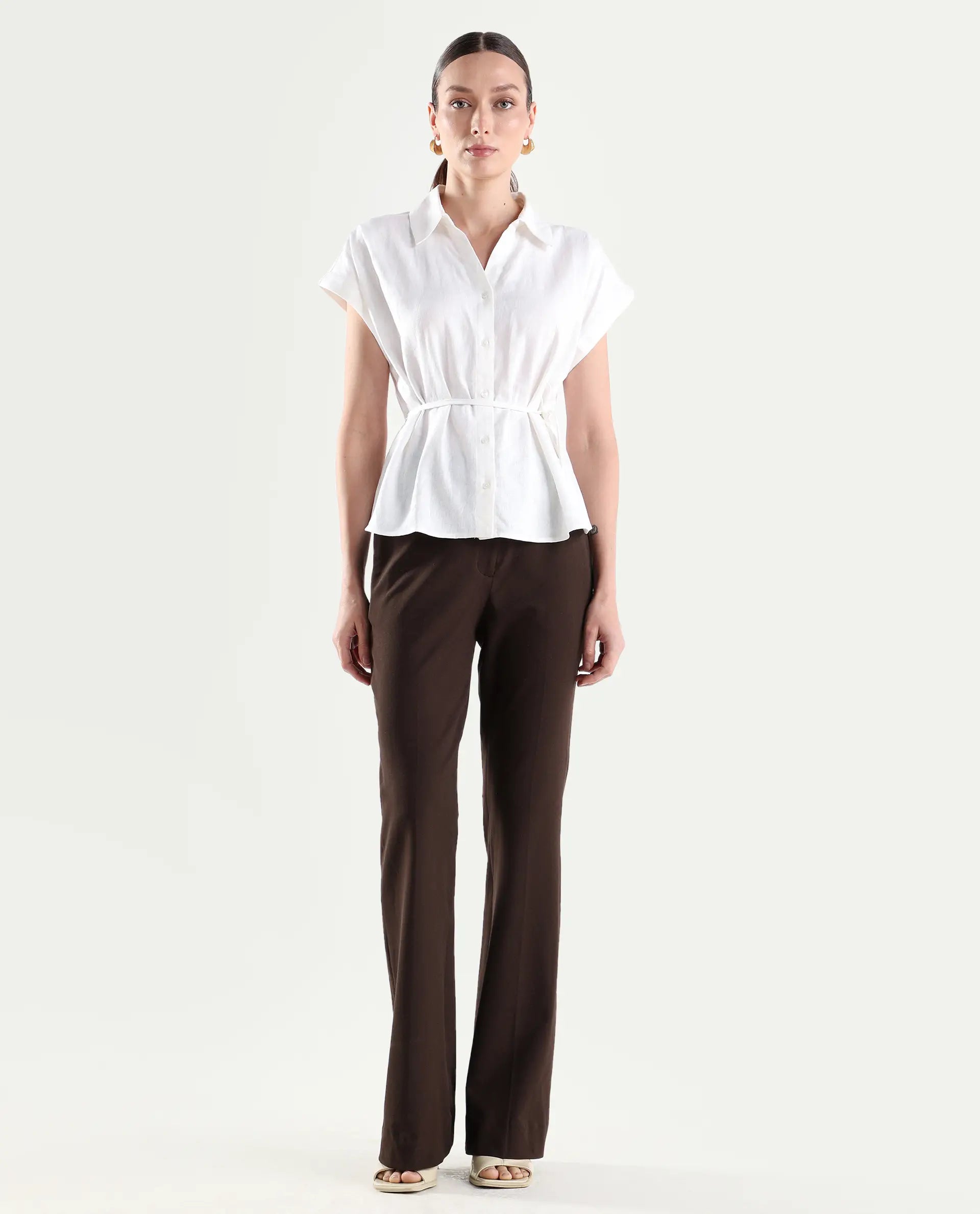 Rareism Women's Frare Brown Viscose Fabric Bootcut Plain Trouser