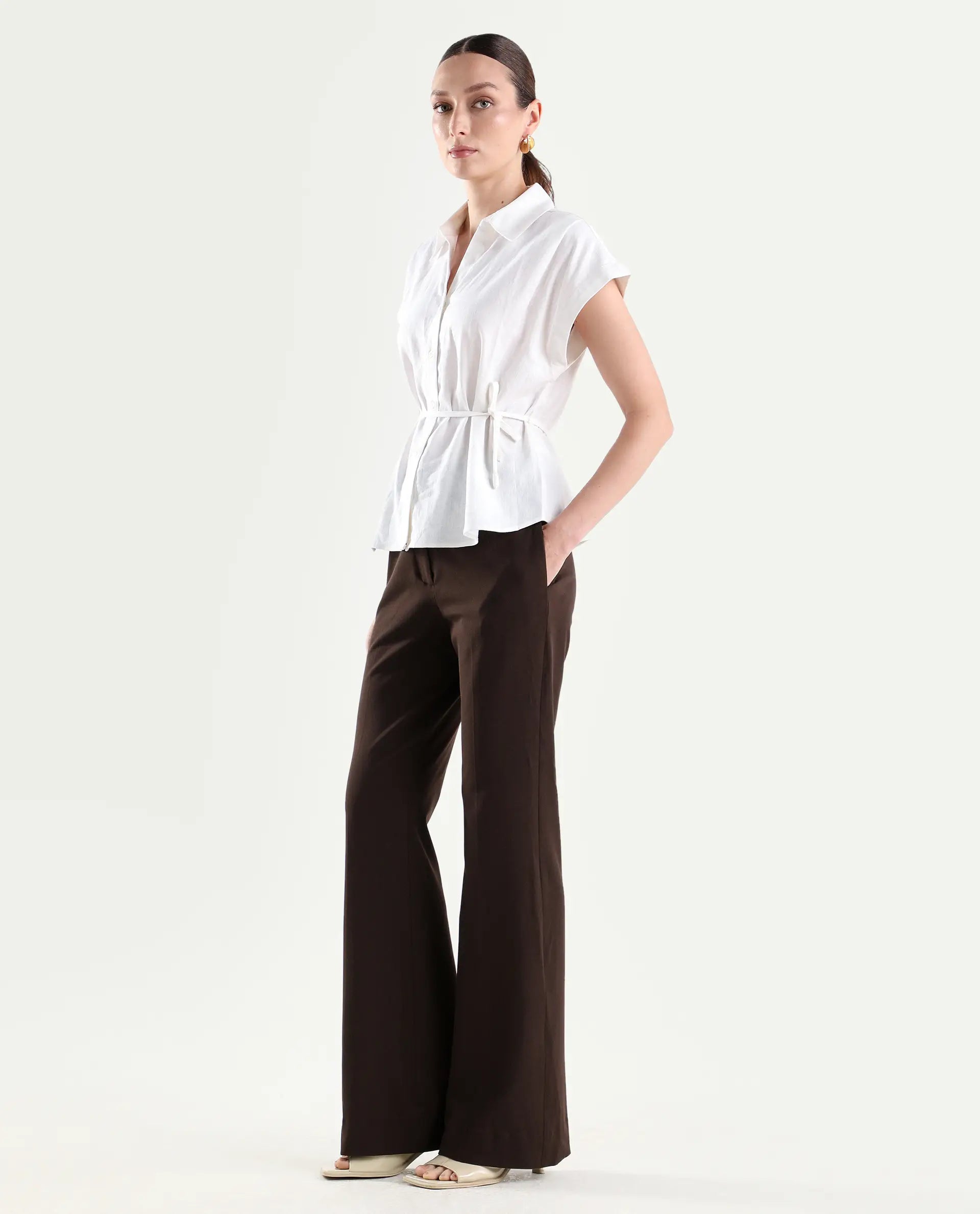 Rareism Women's Frare Brown Viscose Fabric Bootcut Plain Trouser