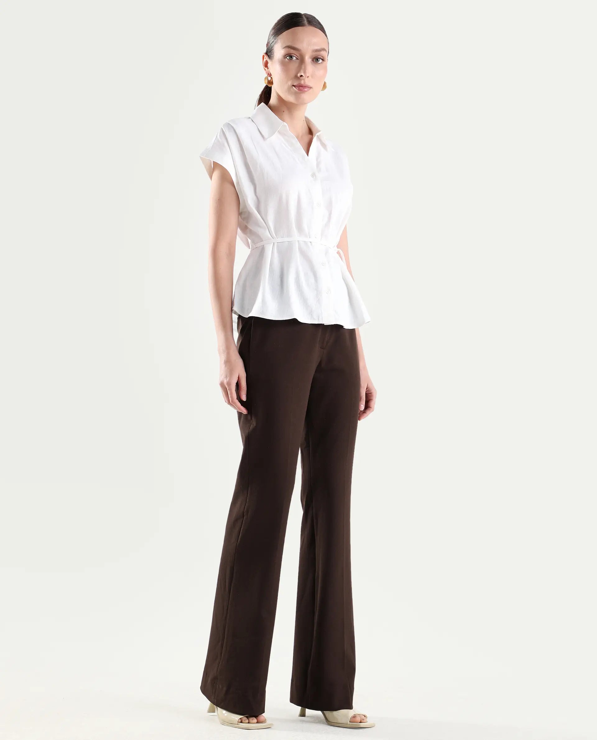 Rareism Women's Frare Brown Viscose Fabric Bootcut Plain Trouser
