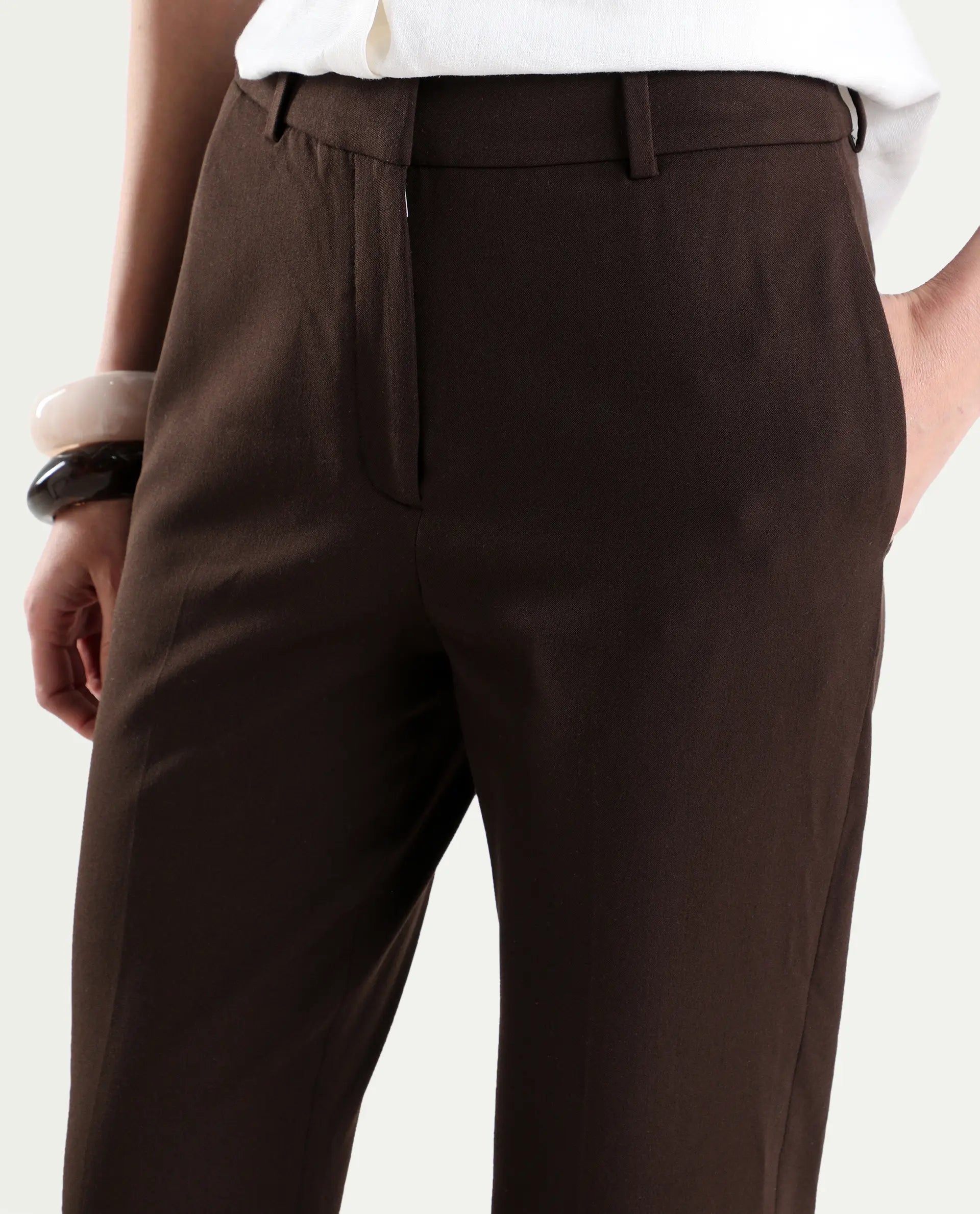 Rareism Women's Frare Brown Viscose Fabric Bootcut Plain Trouser