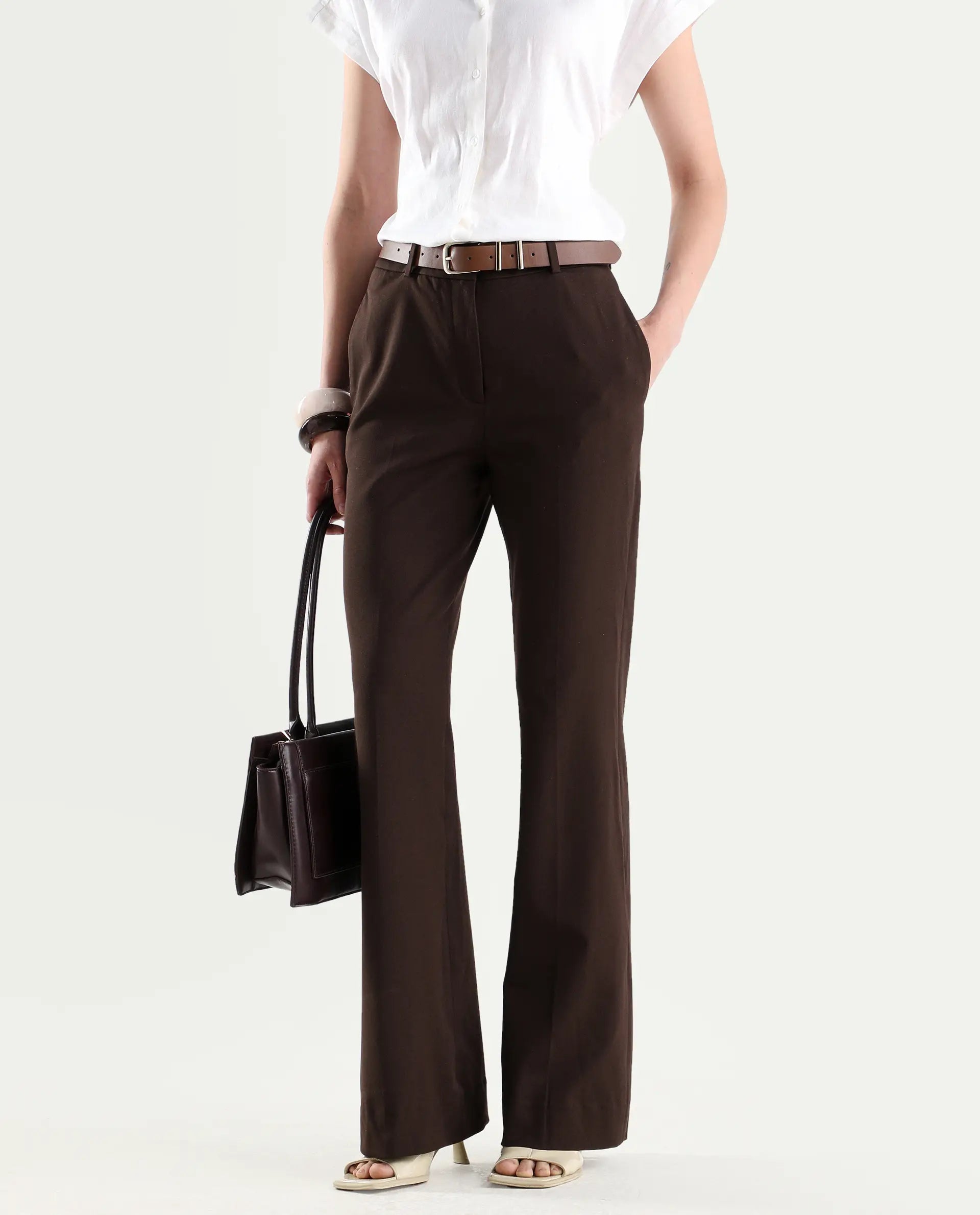 Rareism Women's Frare Brown Viscose Fabric Bootcut Plain Trouser