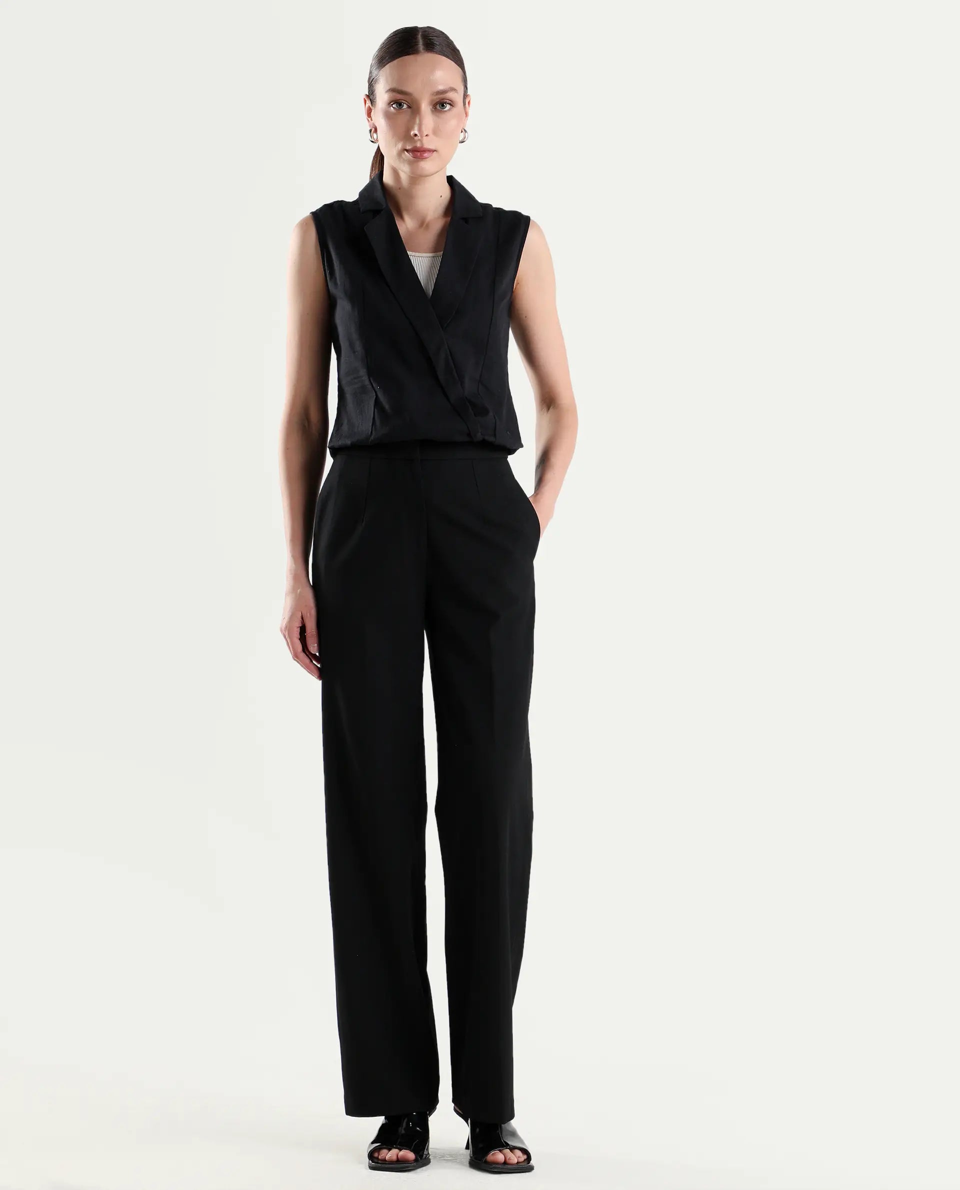 Rareism Women's Srait-1 Black Polyester Blend Fabric Straight Plain Trouser
