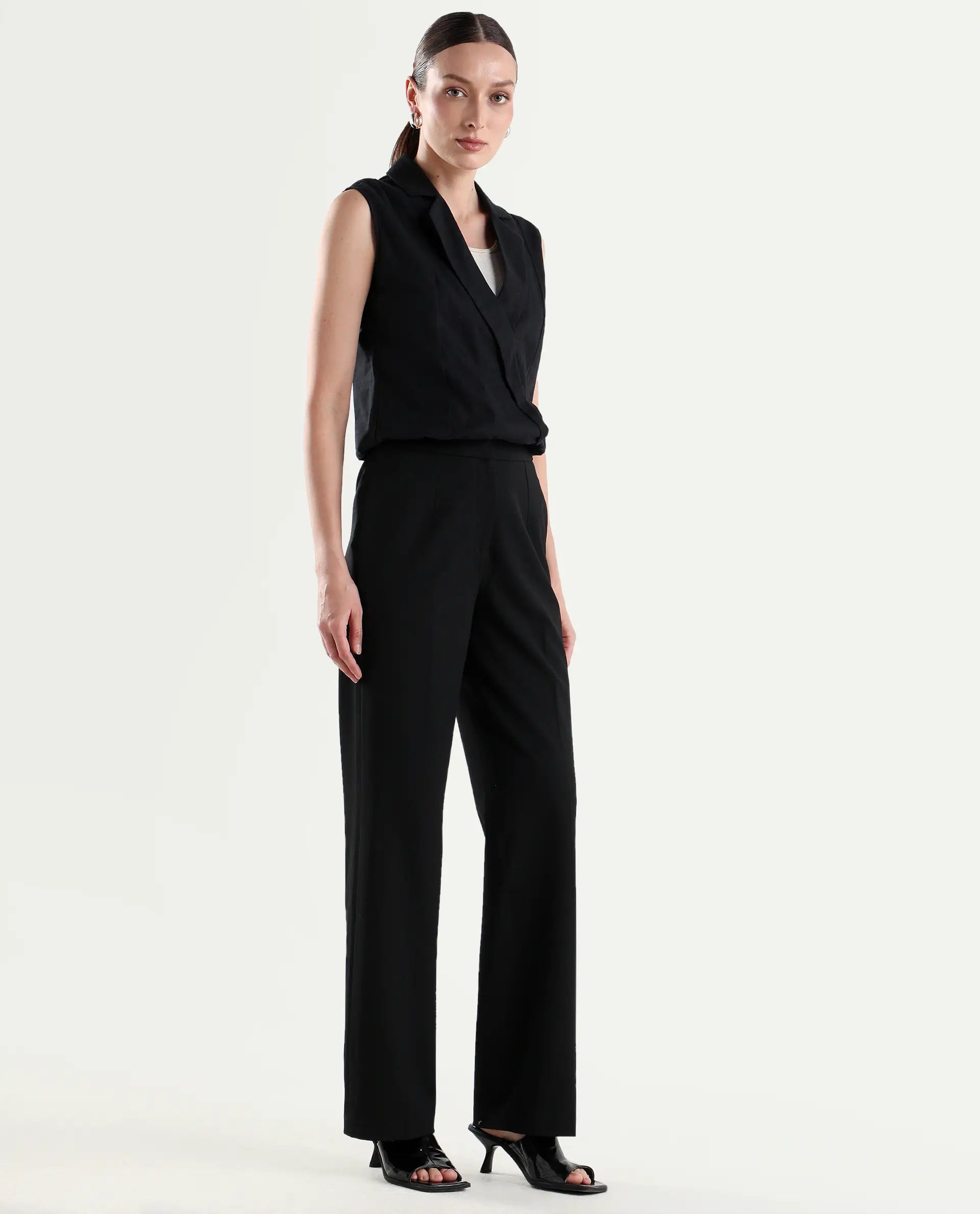 Rareism Women's Srait-1 Black Polyester Blend Fabric Straight Plain Trouser