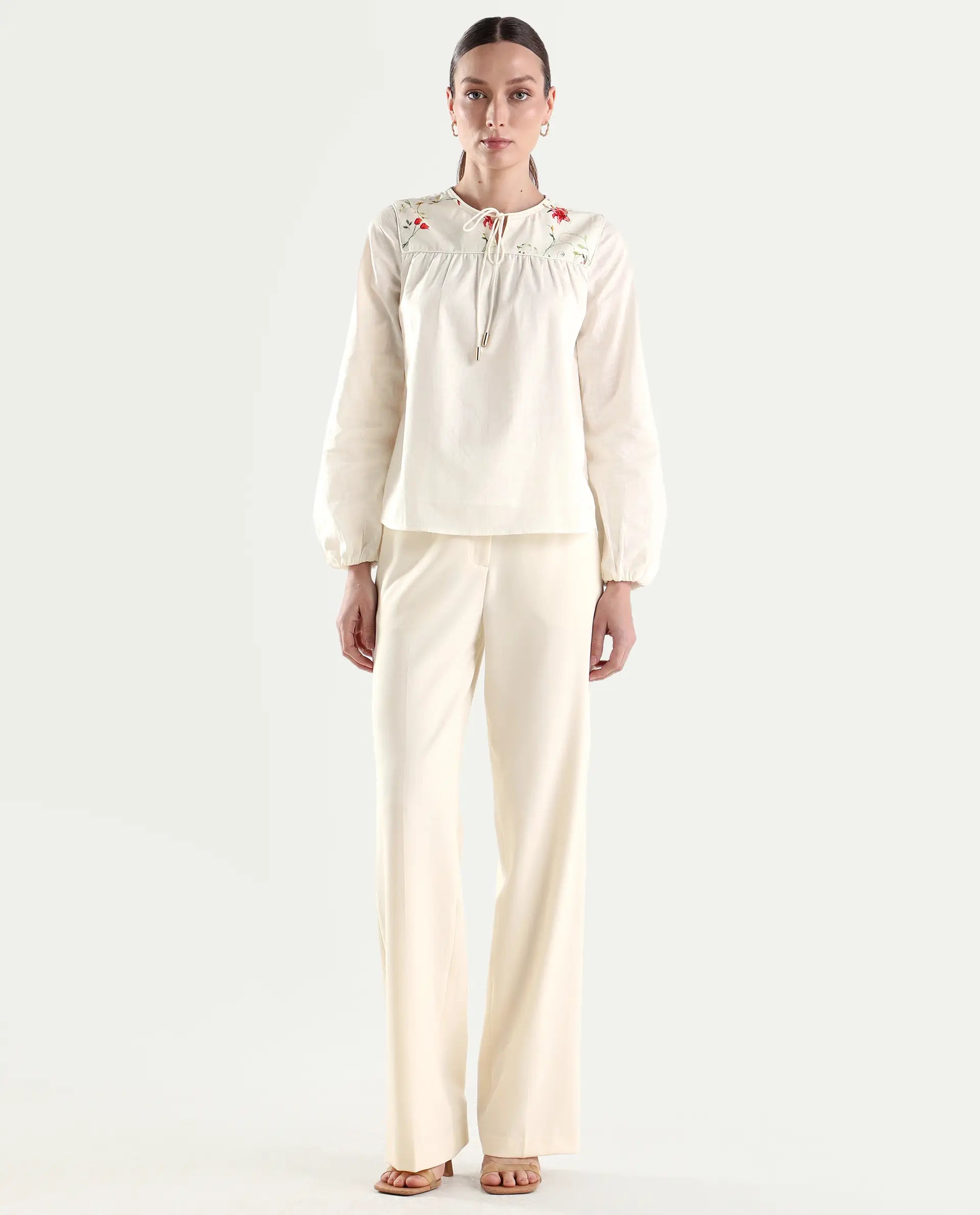 Rareism Women's Srait-1 Off White Polyester Blend Fabric Straight Plain Trouser