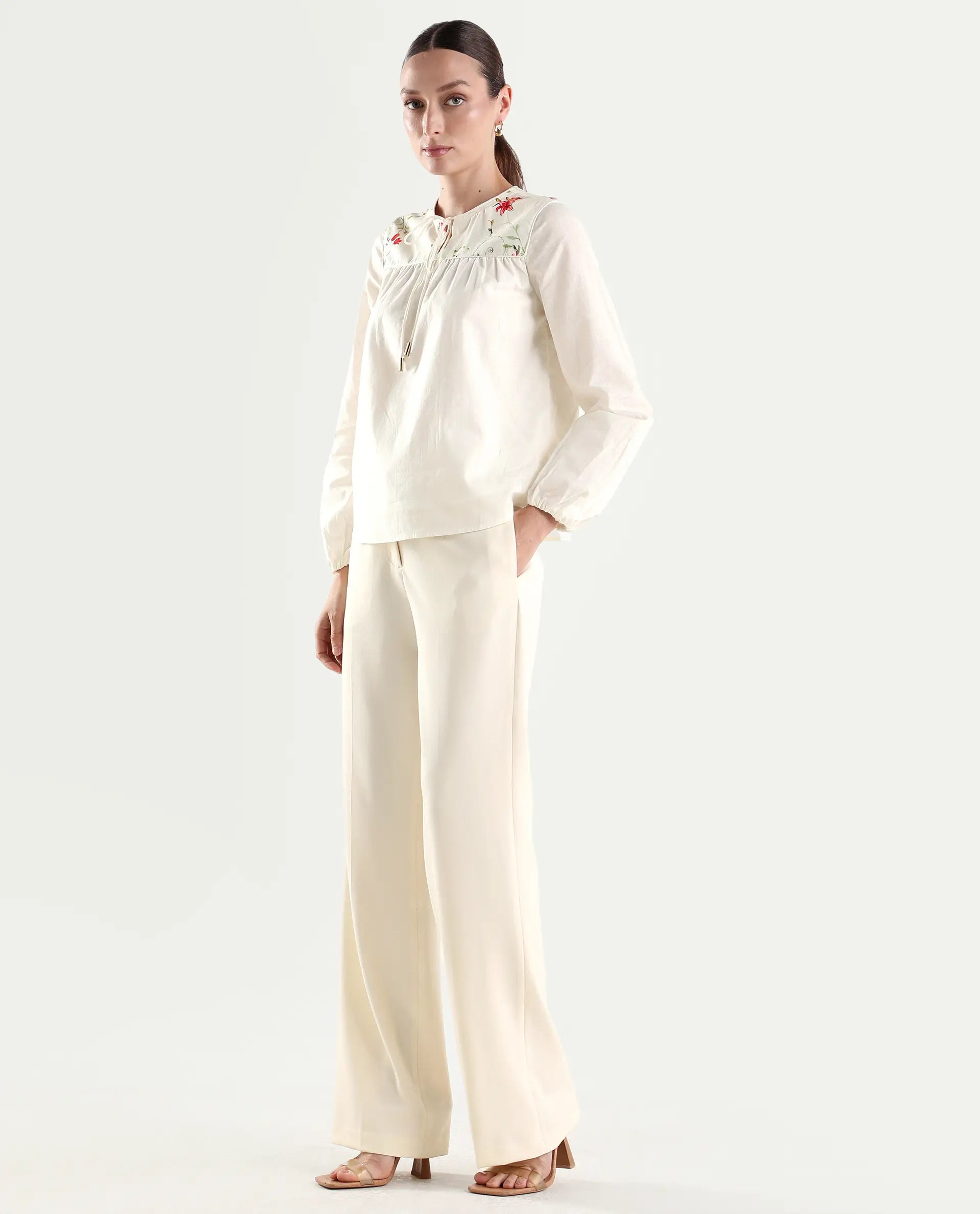 Rareism Women's Srait-1 Off White Polyester Blend Fabric Straight Plain Trouser