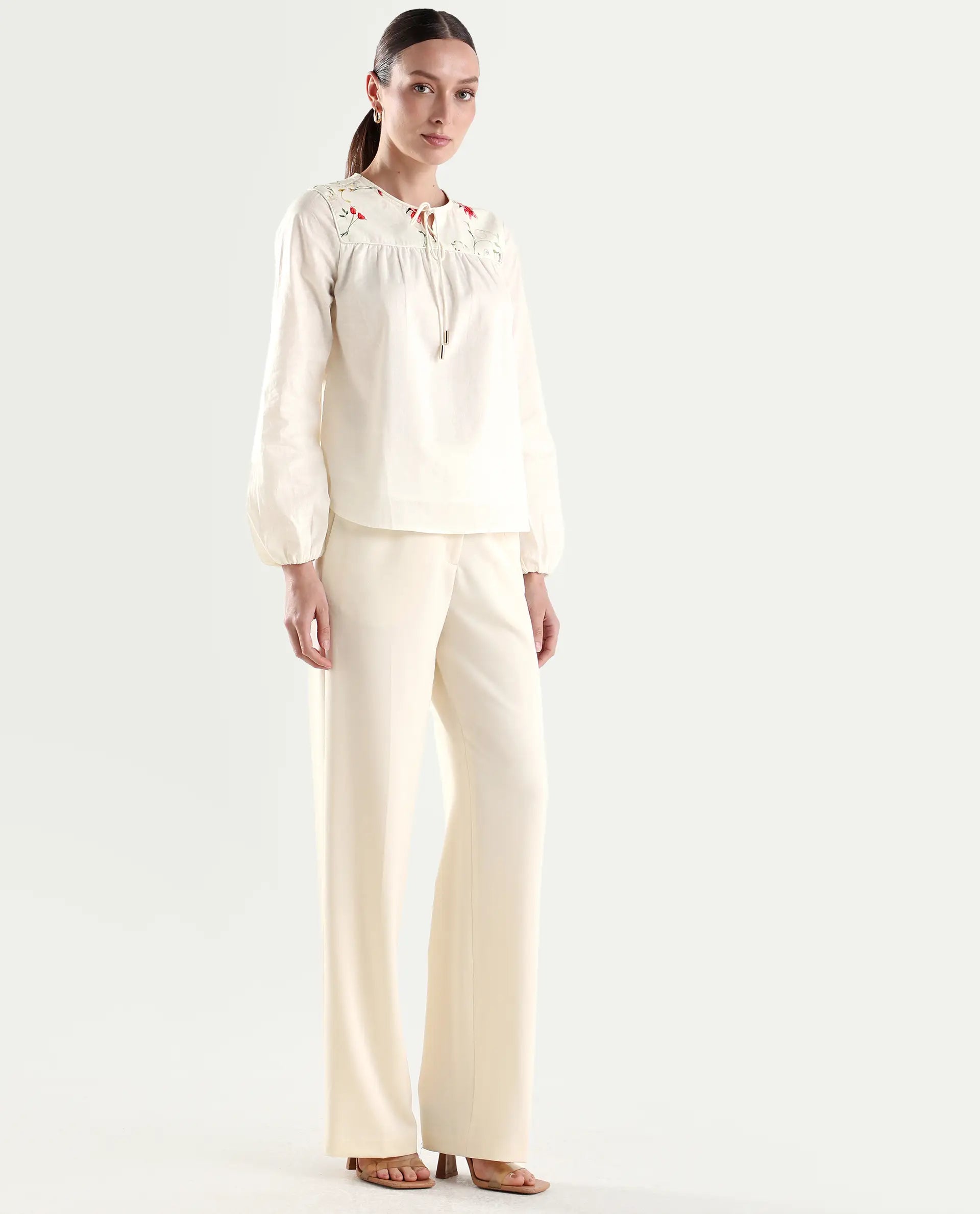 Rareism Women's Srait-1 Off White Polyester Blend Fabric Straight Plain Trouser