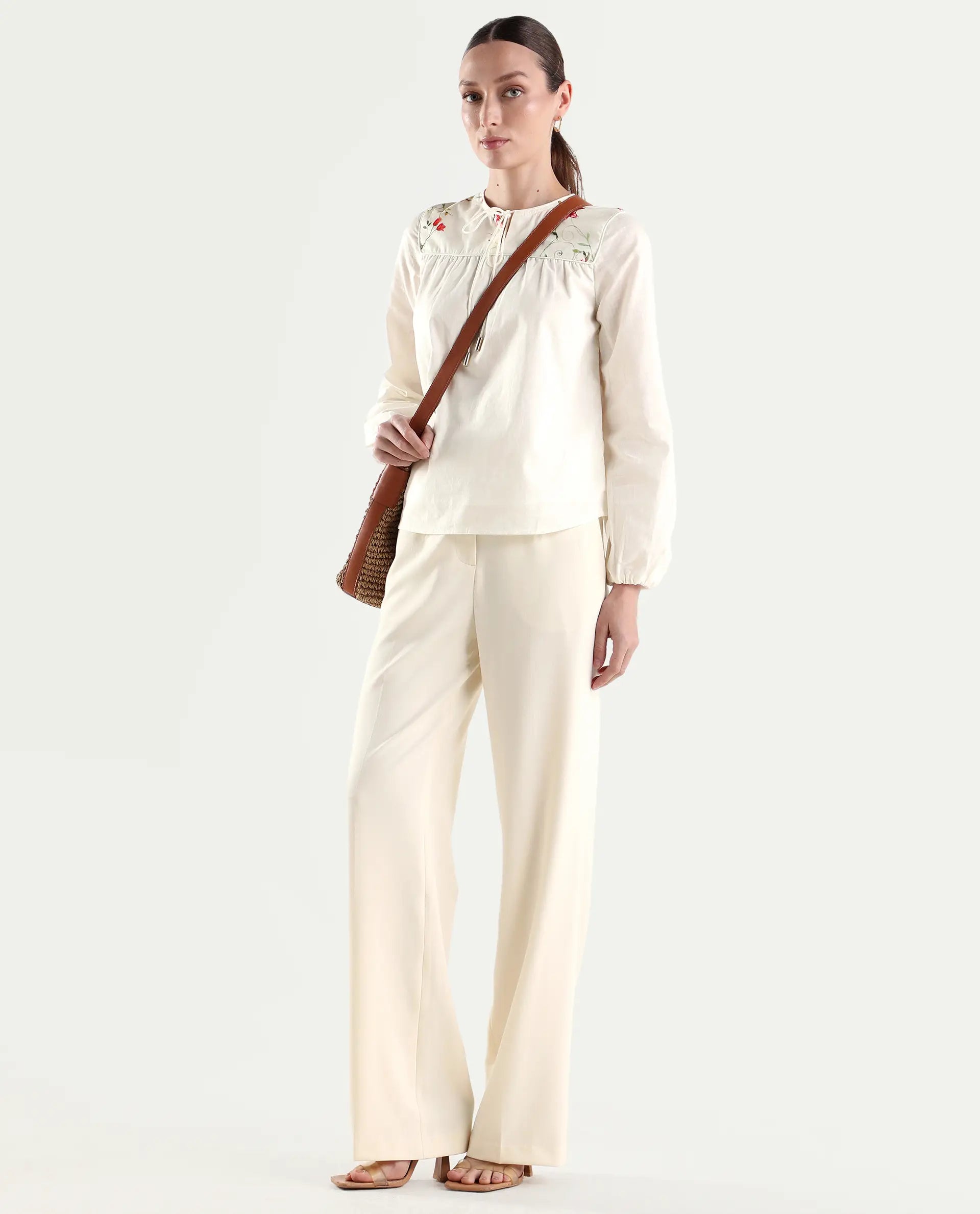 Rareism Women's Srait-1 Off White Polyester Blend Fabric Straight Plain Trouser