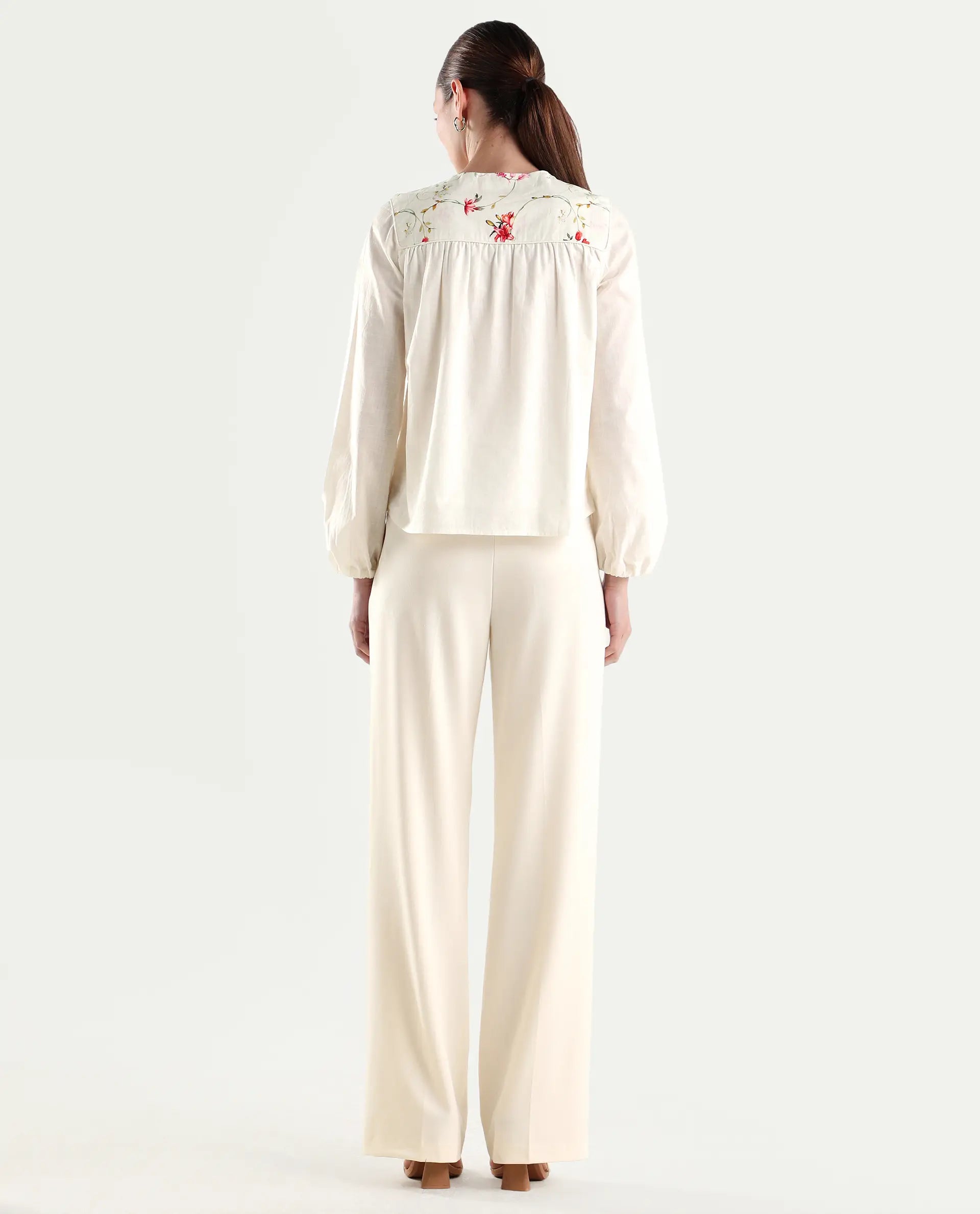 Rareism Women's Srait-1 Off White Polyester Blend Fabric Straight Plain Trouser