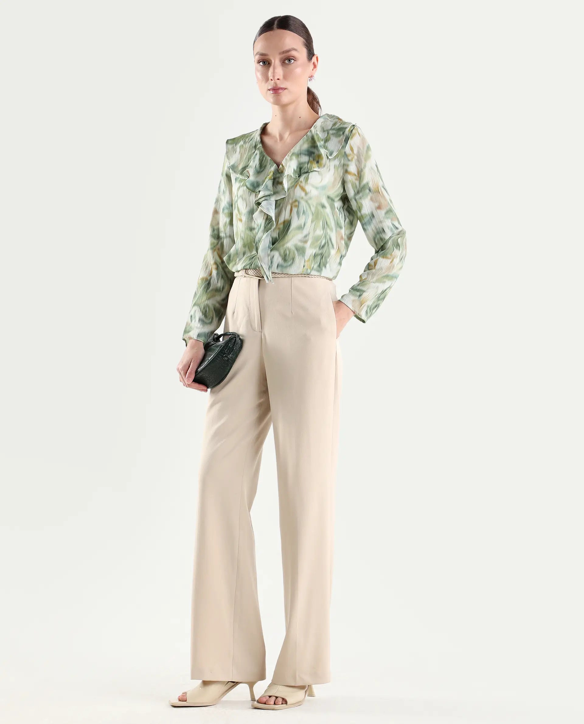 Rareism Women's Srait-1 Beige Polyester Blend Fabric Straight Plain Trouser
