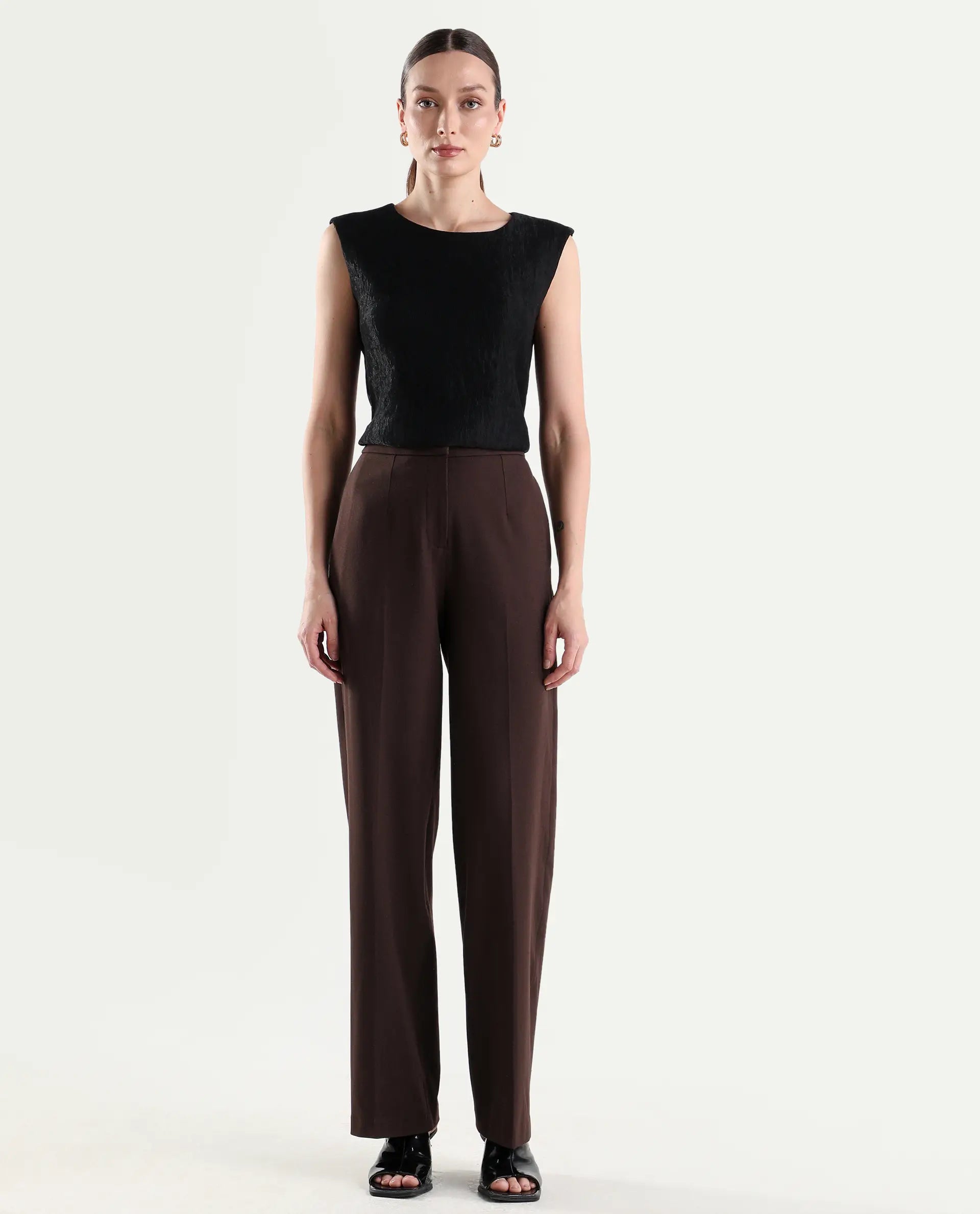 Rareism Women's Srait-1 Brown Polyester Blend Fabric Straight Plain Trouser
