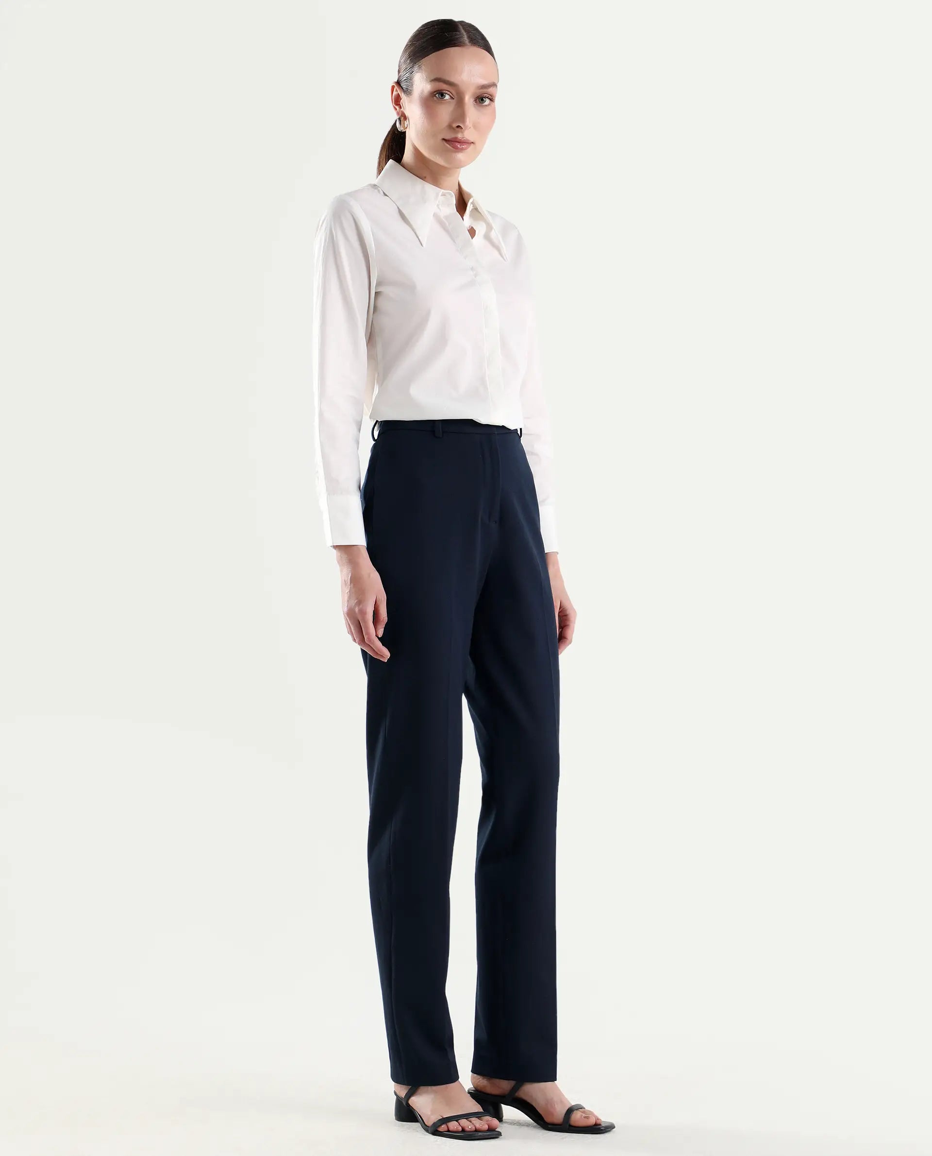 Rareism Women's Paper Navy Viscose Blend Fabric Tapered Plain Trouser