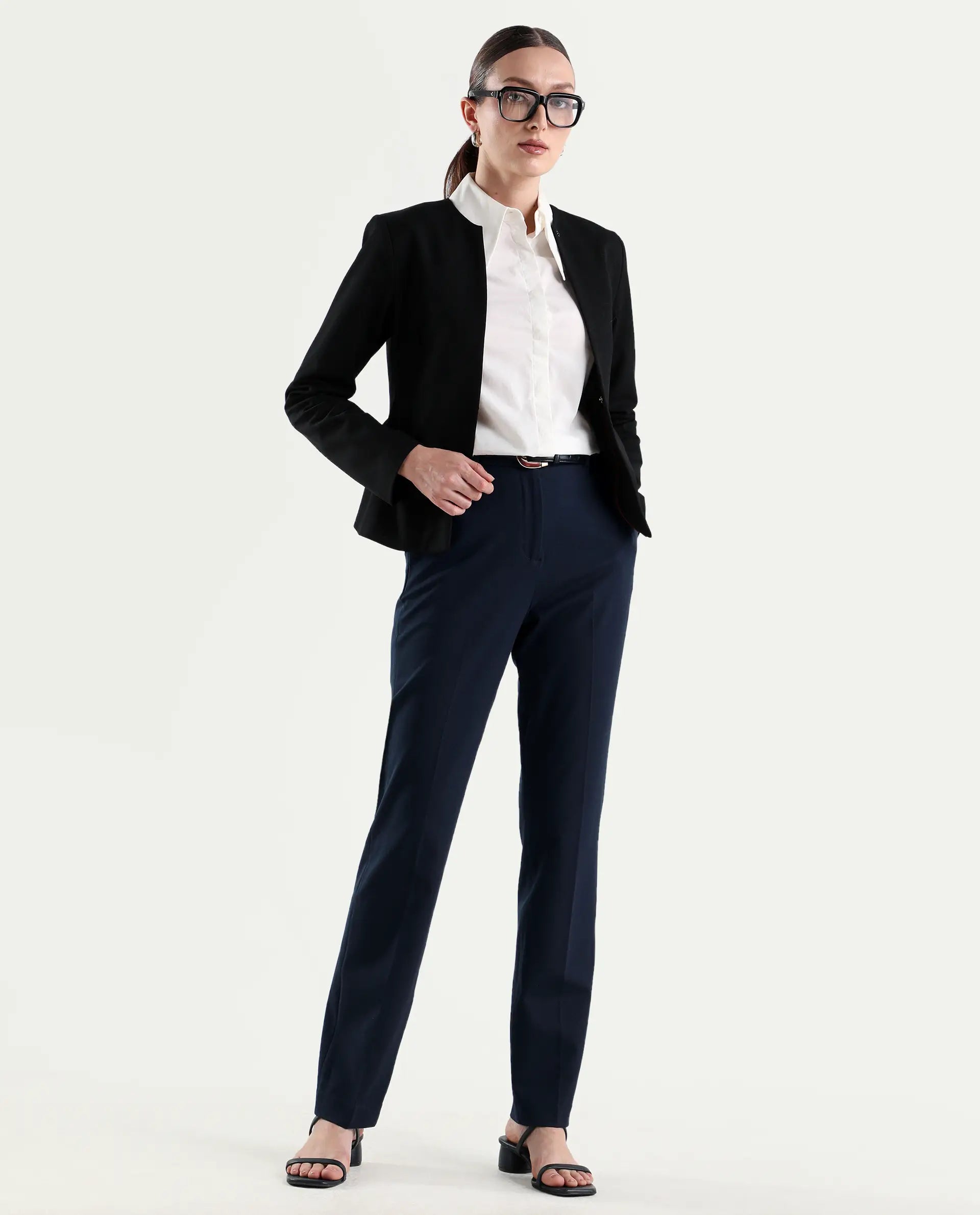 Rareism Women's Paper Navy Viscose Blend Fabric Tapered Plain Trouser