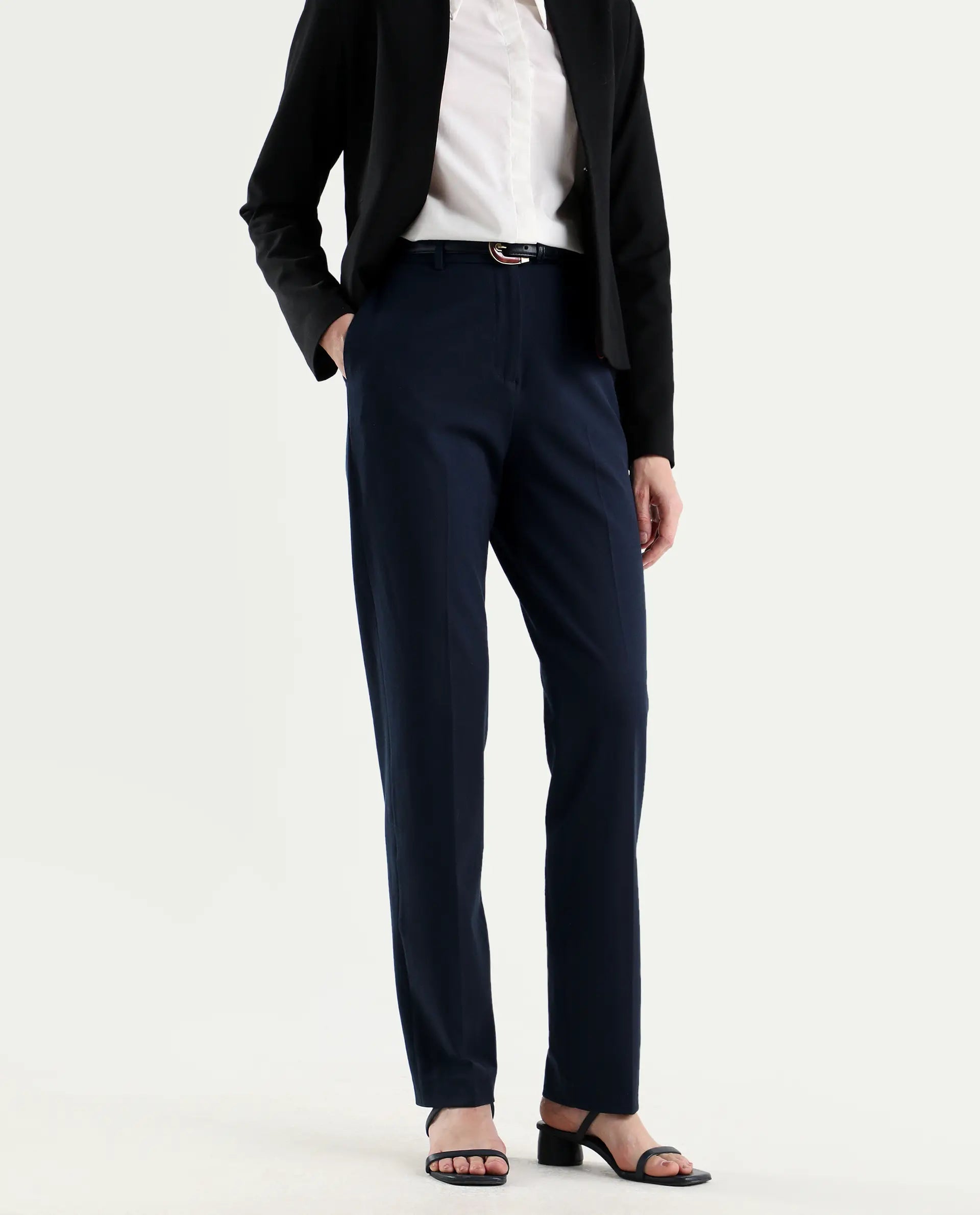 Rareism Women's Paper Navy Viscose Blend Fabric Tapered Plain Trouser