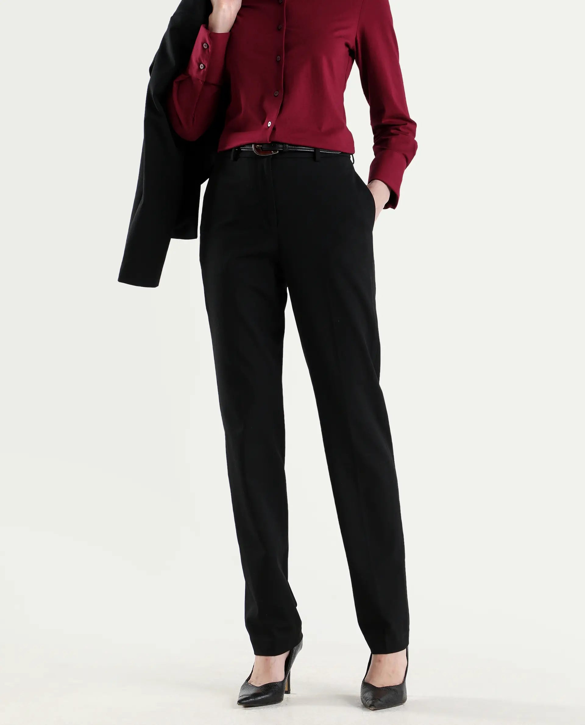 Rareism Women's Paper Black Viscose Blend Tapered Plain Trouser