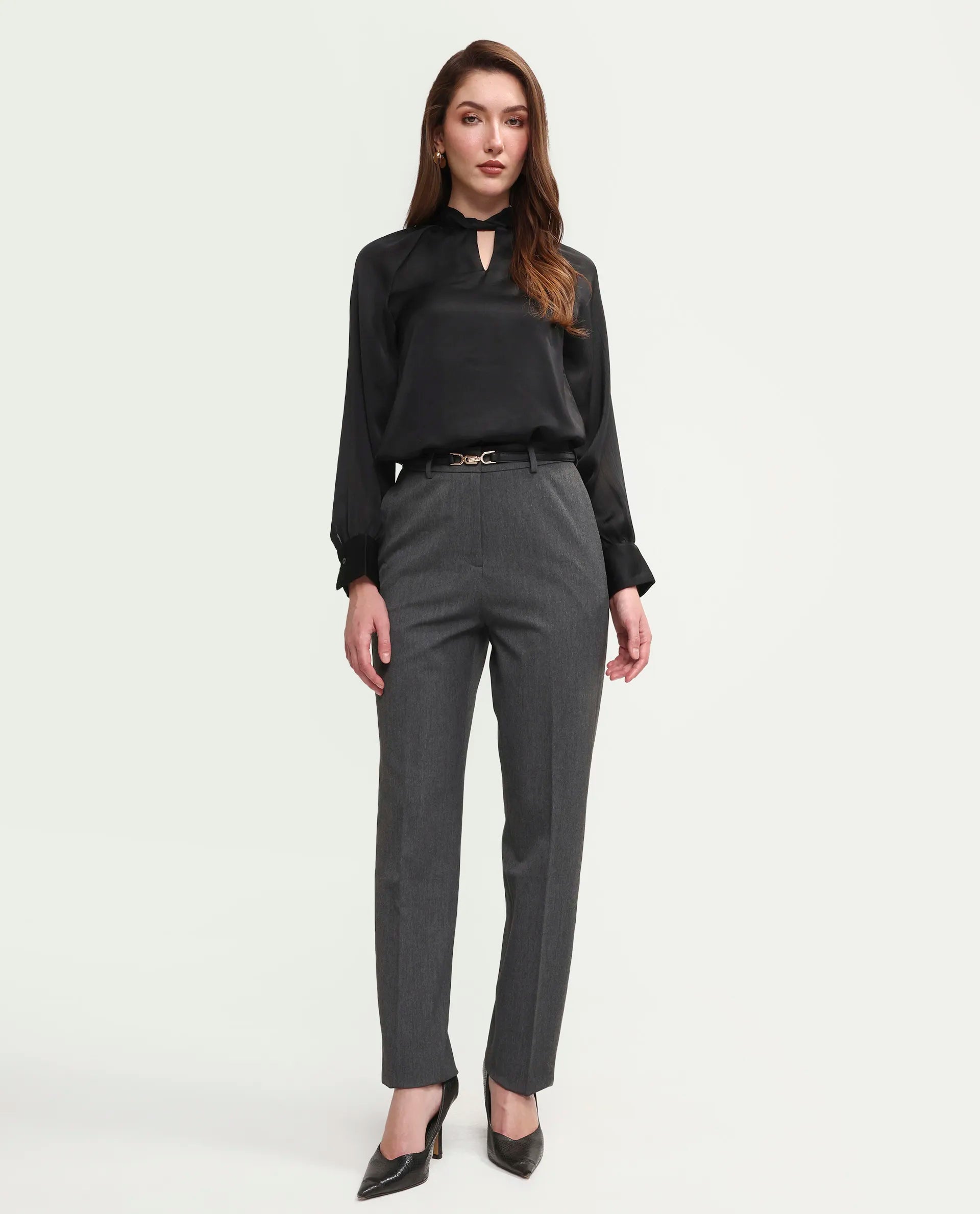Rareism Women's Paper Grey Viscose Blend Fabric Tapered Plain Trouser