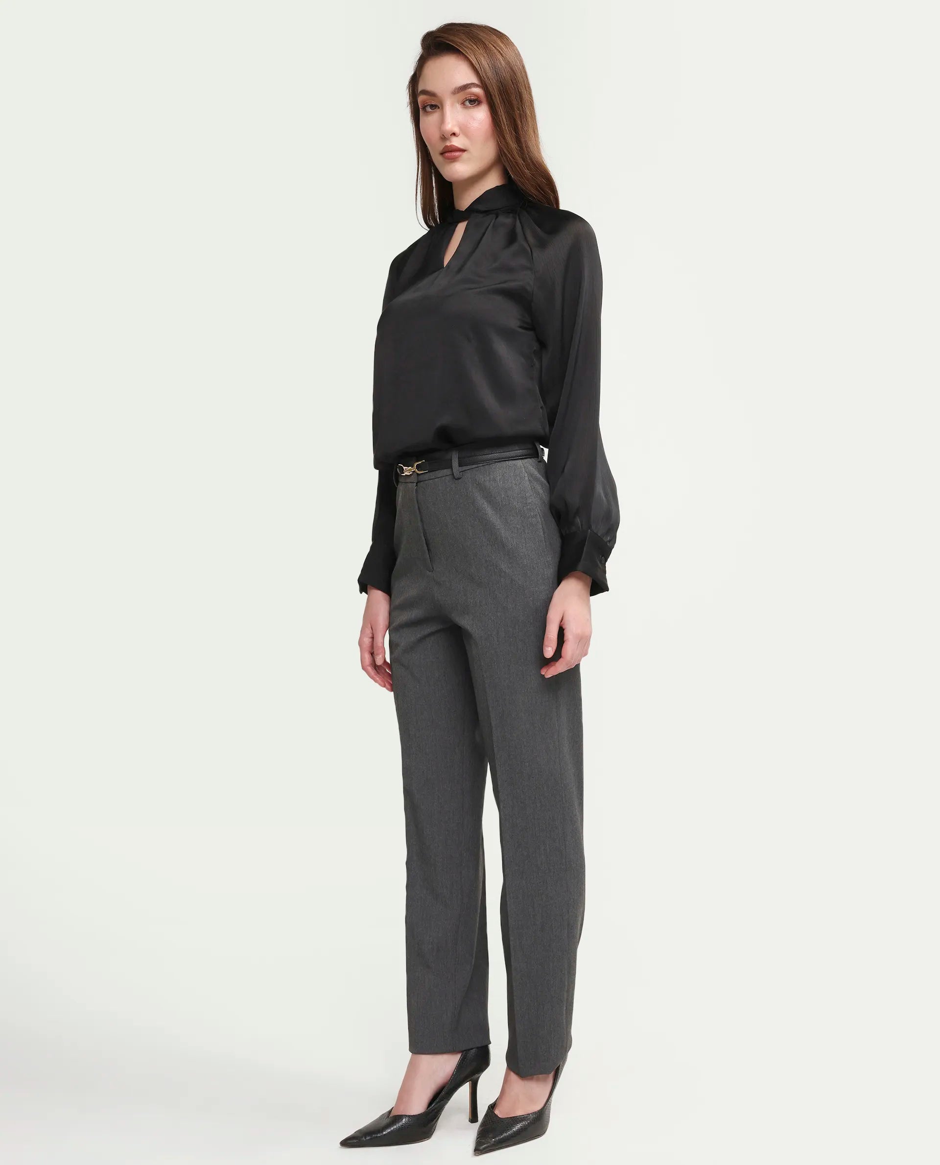 Rareism Women's Paper Grey Viscose Blend Fabric Tapered Plain Trouser