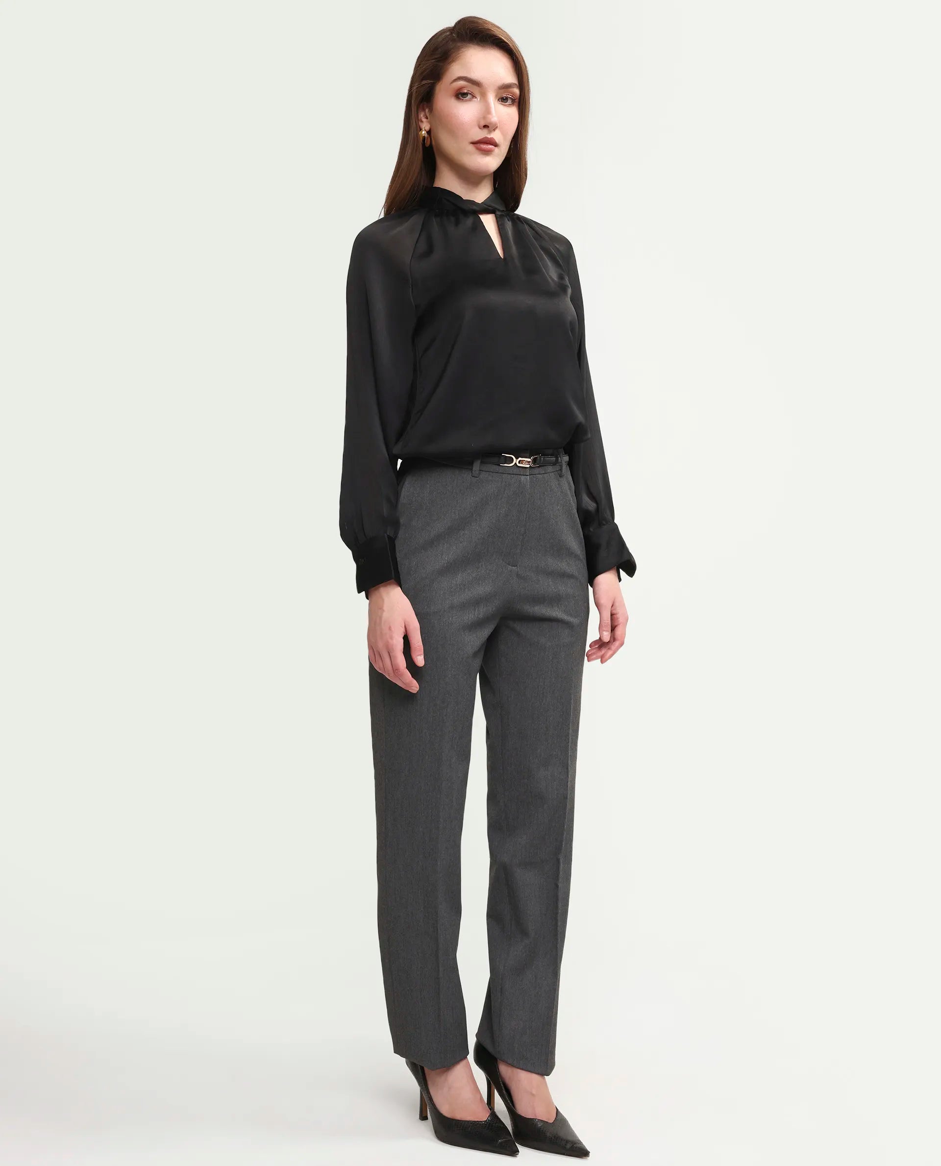 Rareism Women's Paper Grey Viscose Blend Fabric Tapered Plain Trouser