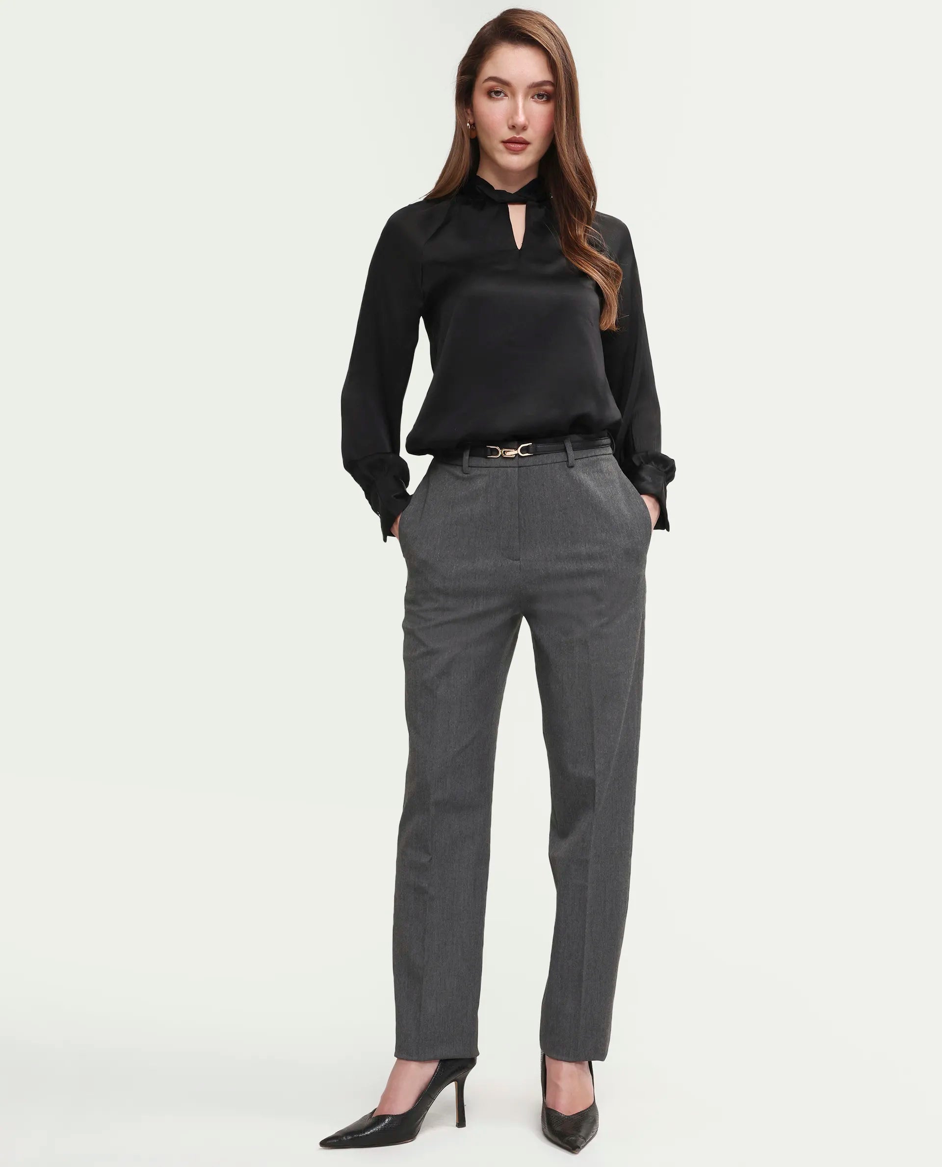 Rareism Women's Paper Grey Viscose Blend Fabric Tapered Plain Trouser