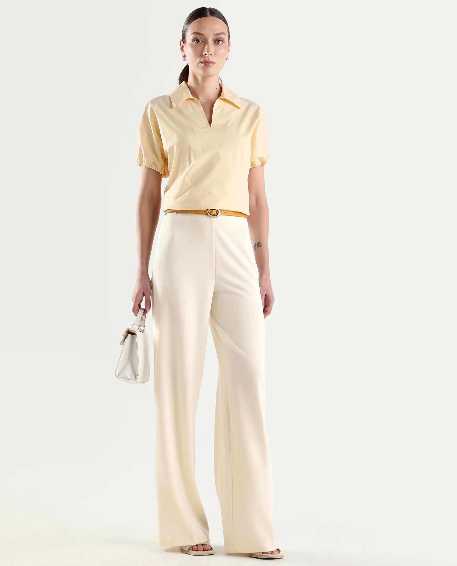 Rareism Women's Widy Off White Viscose Wide Plain Trouser