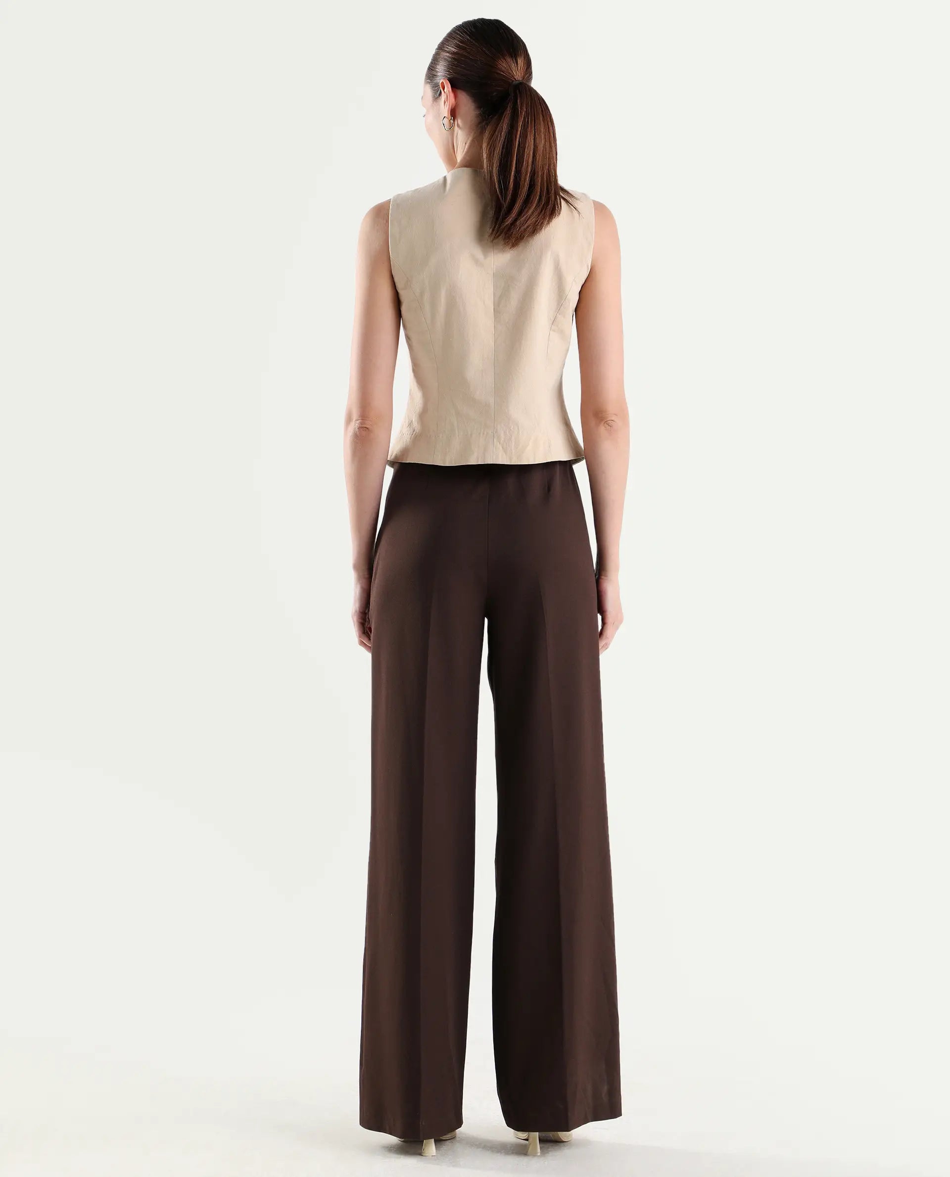 Rareism Women's Widy Brown Viscose Fabric Wide Plain Trouser