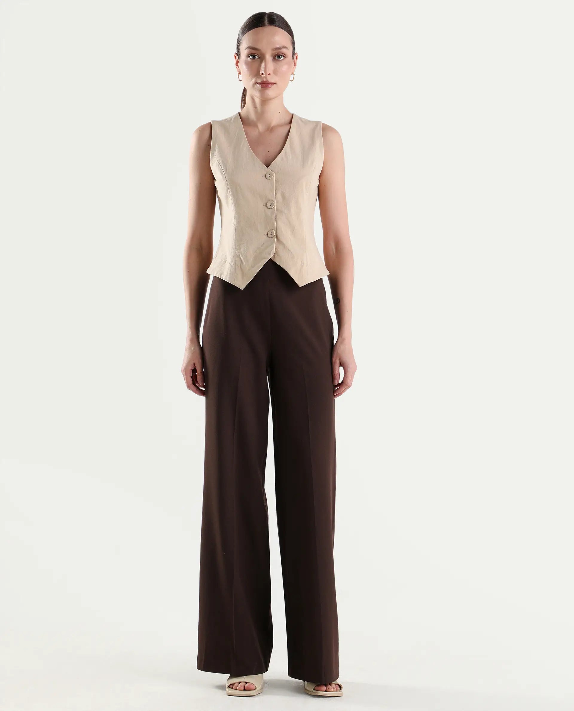 Rareism Women's Widy Brown Viscose Fabric Wide Plain Trouser