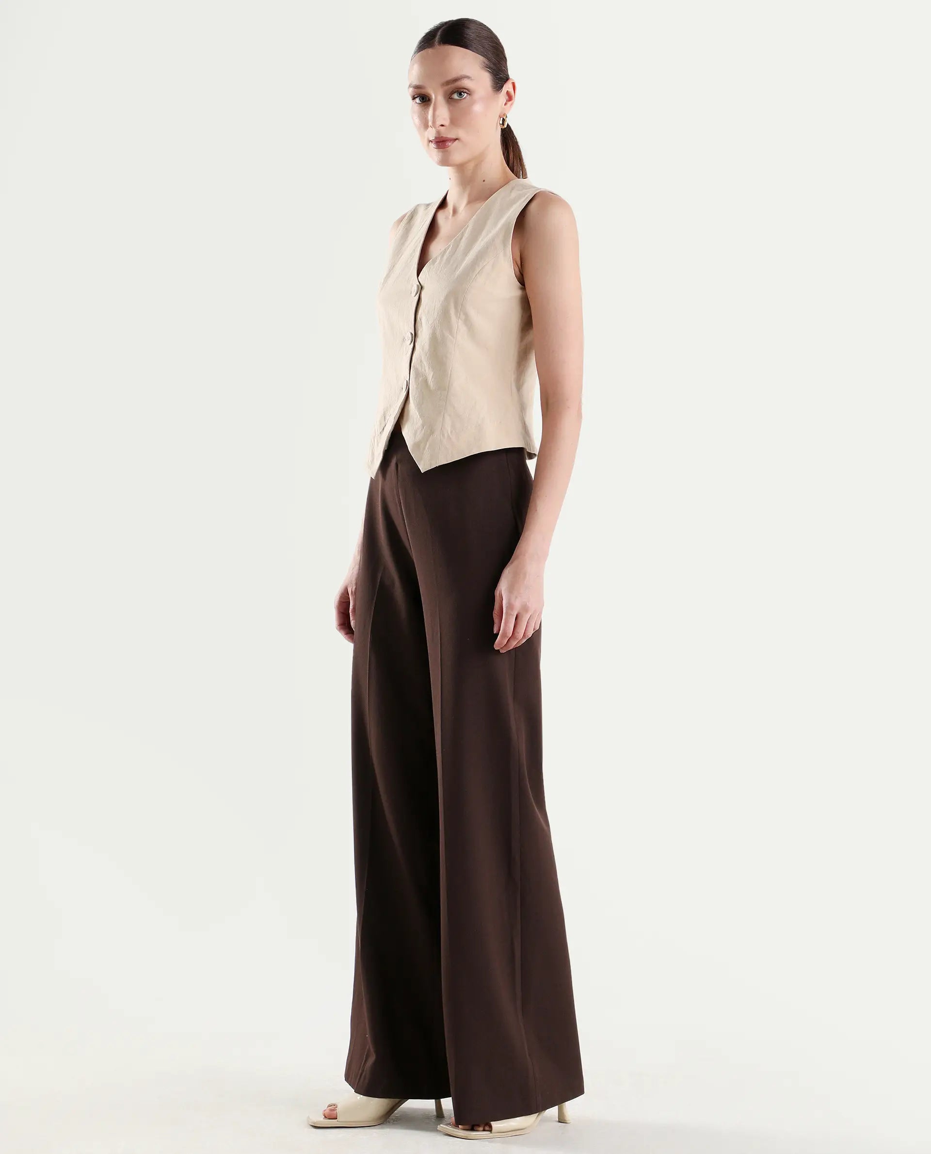 Rareism Women's Widy Brown Viscose Fabric Wide Plain Trouser