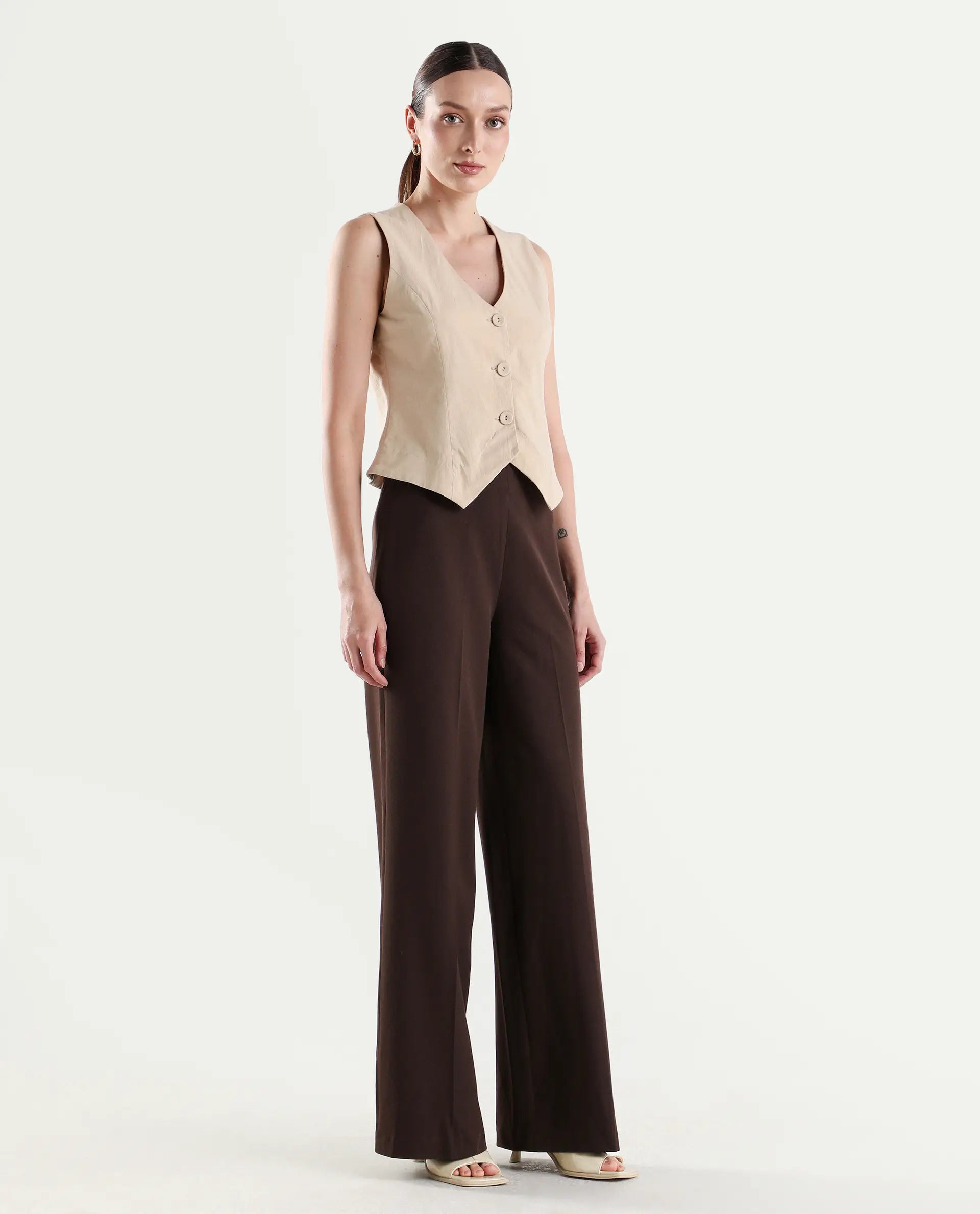 Rareism Women's Widy Brown Viscose Fabric Wide Plain Trouser
